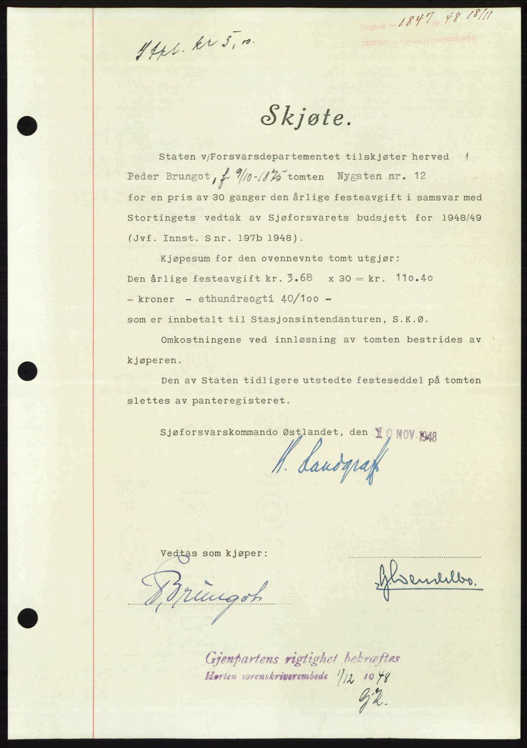 Horten sorenskriveri, AV/SAKO-A-133/G/Ga/Gaa/L0011: Mortgage book no. A-11, 1948-1948, Diary no: : 1847/1948