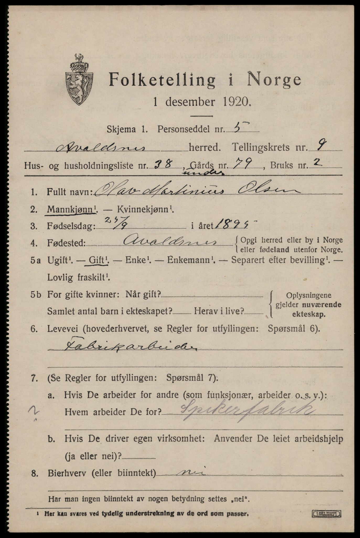 SAST, 1920 census for Avaldsnes, 1920, p. 7341