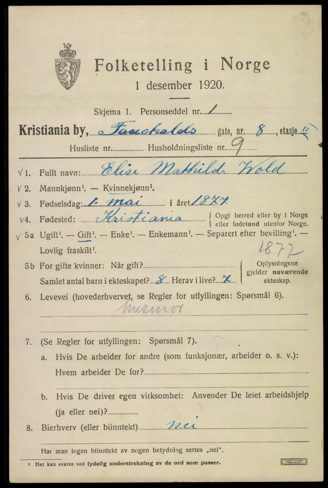 SAO, 1920 census for Kristiania, 1920, p. 227819