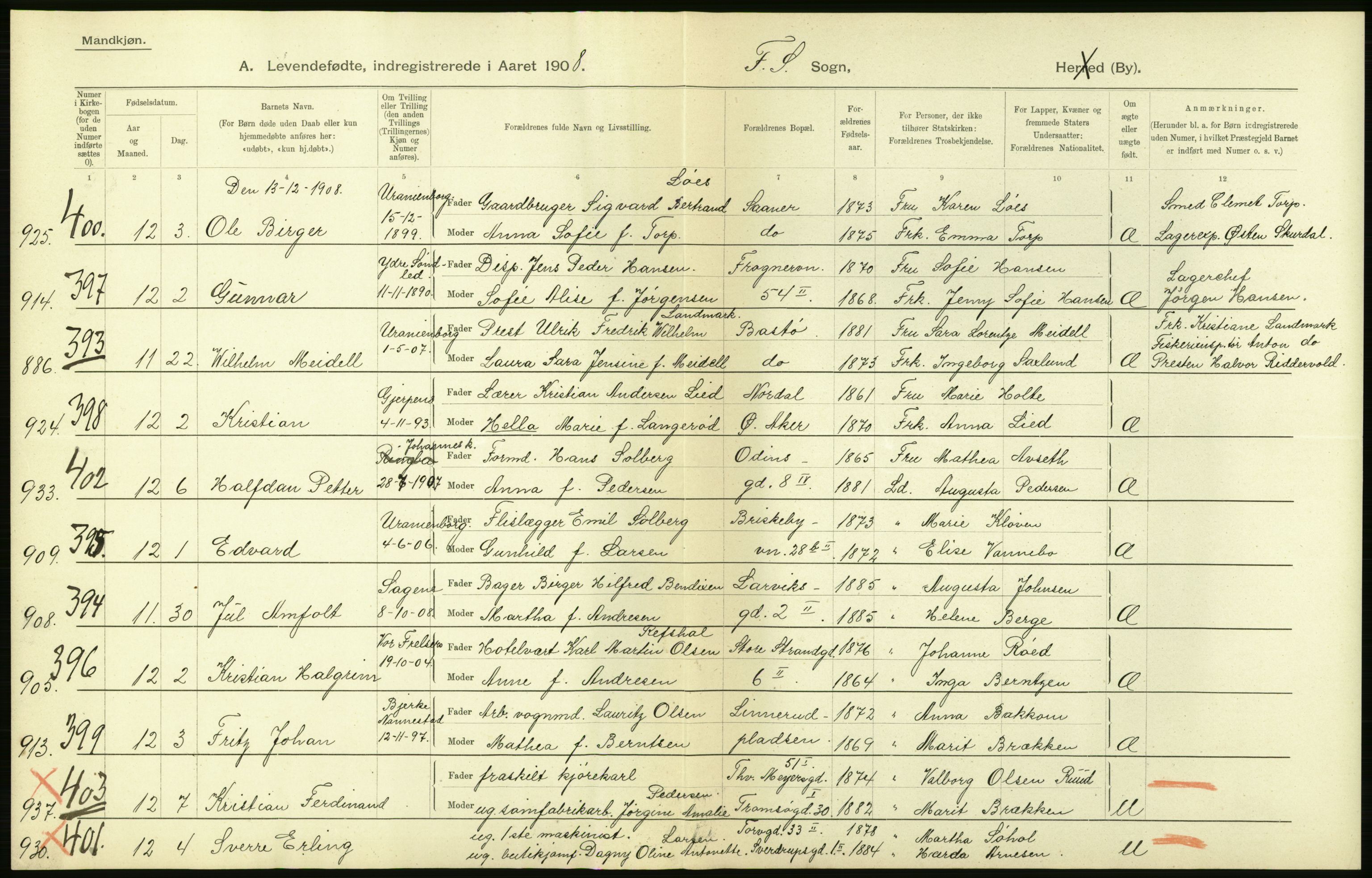 Statistisk sentralbyrå, Sosiodemografiske emner, Befolkning, AV/RA-S-2228/D/Df/Dfa/Dfaf/L0005: Kristiania: Levendefødte menn og kvinner., 1908, p. 108