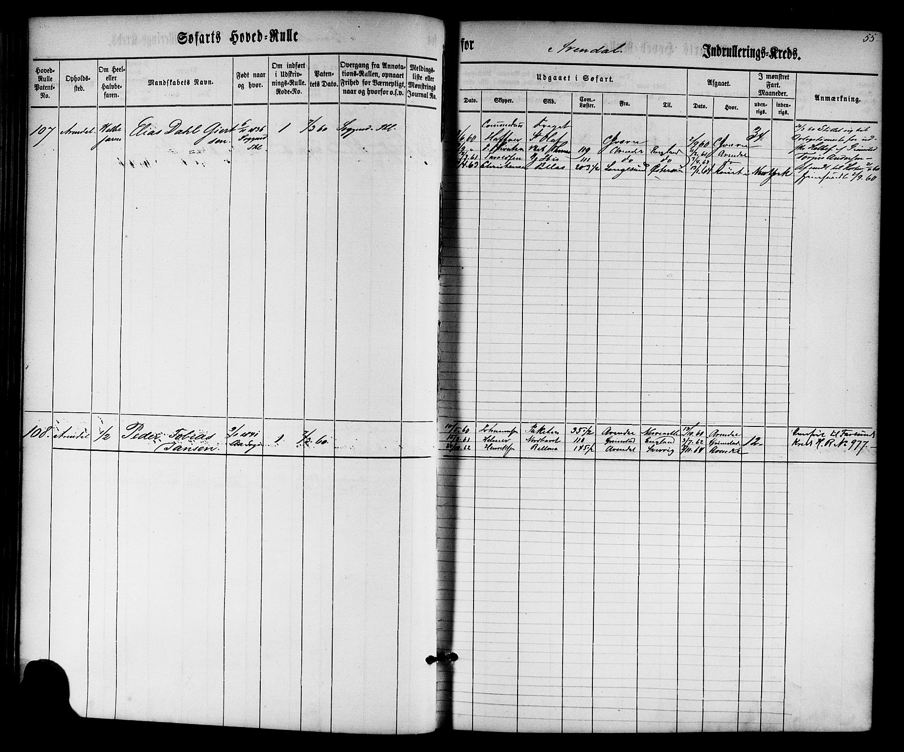 Arendal mønstringskrets, SAK/2031-0012/F/Fb/L0001: Hovedrulle nr 1-766 uten register, E-2, 1860-1868, p. 56