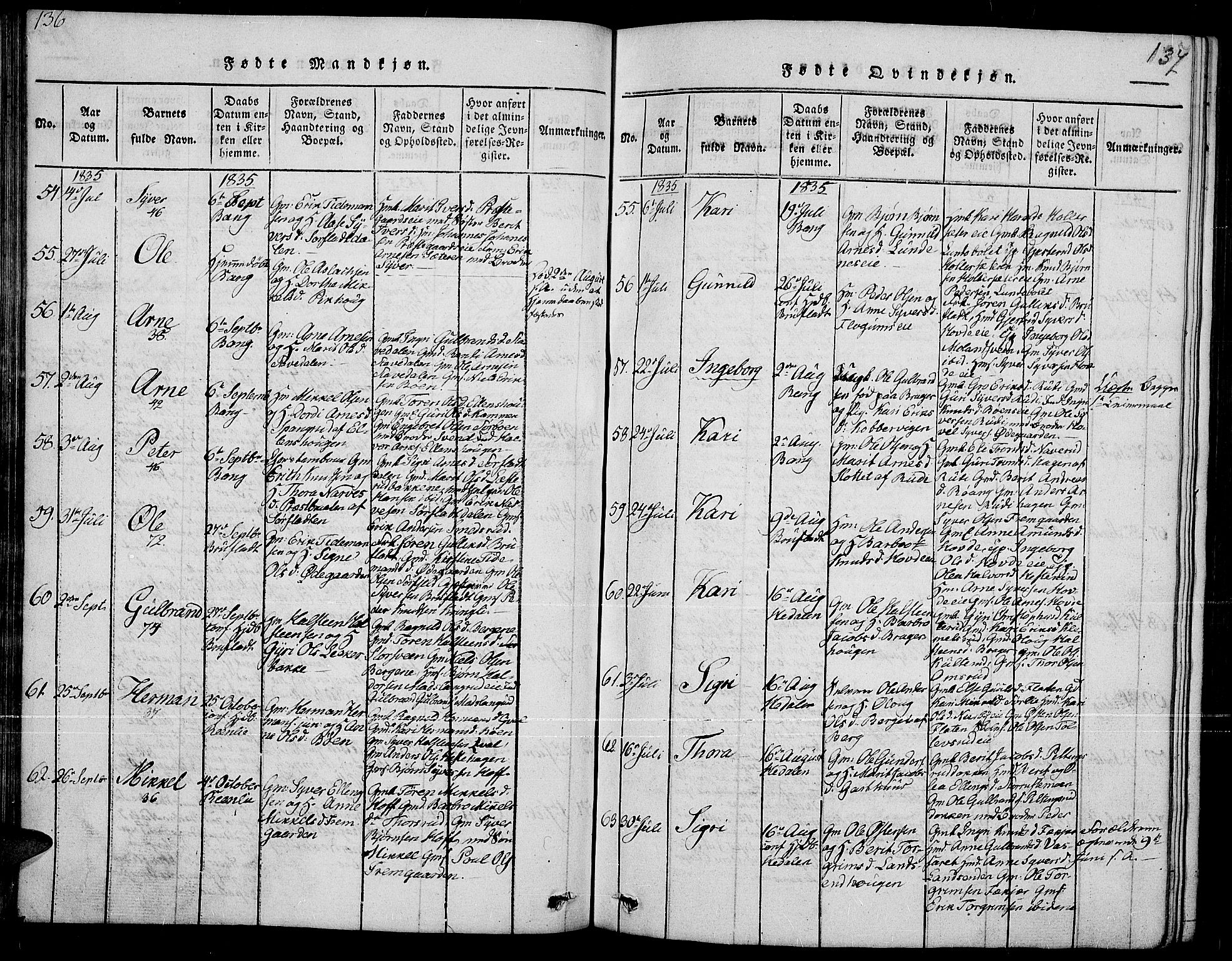 Sør-Aurdal prestekontor, AV/SAH-PREST-128/H/Ha/Hab/L0002: Parish register (copy) no. 2, 1826-1840, p. 136-137
