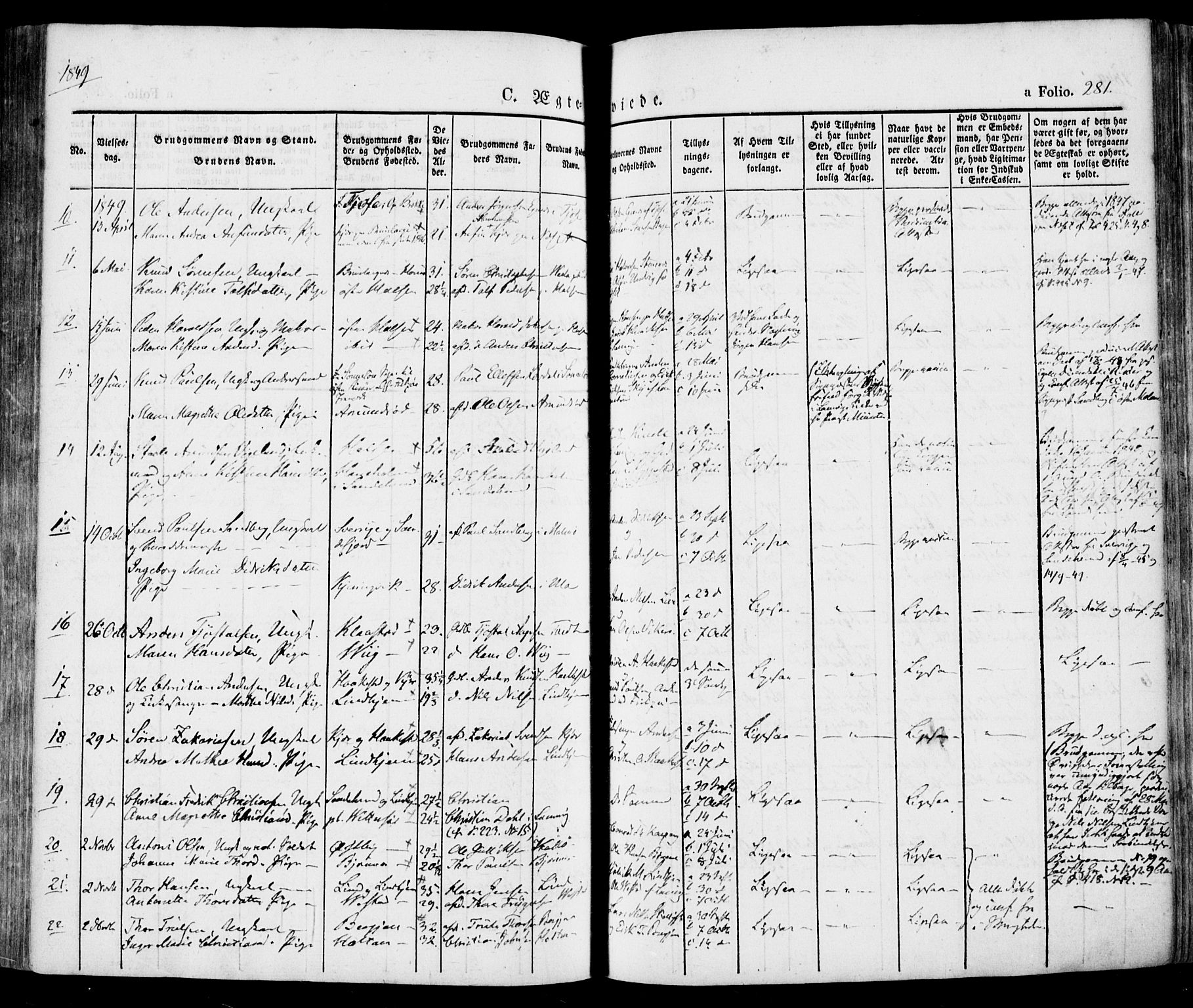 Tjølling kirkebøker, SAKO/A-60/F/Fa/L0006: Parish register (official) no. 6, 1835-1859, p. 281
