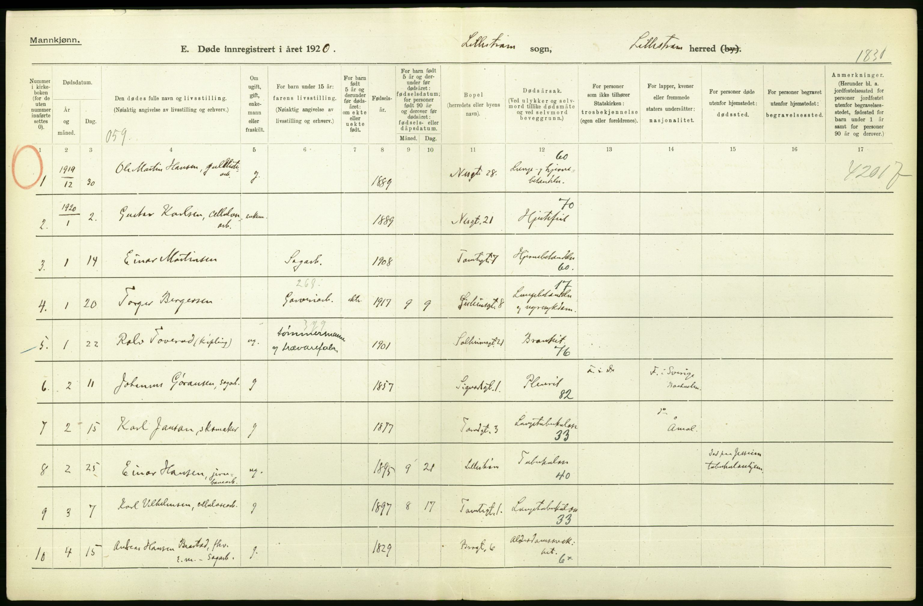 Statistisk sentralbyrå, Sosiodemografiske emner, Befolkning, RA/S-2228/D/Df/Dfb/Dfbj/L0007: Akershus fylke: Døde. Bygder og byer., 1920, p. 180