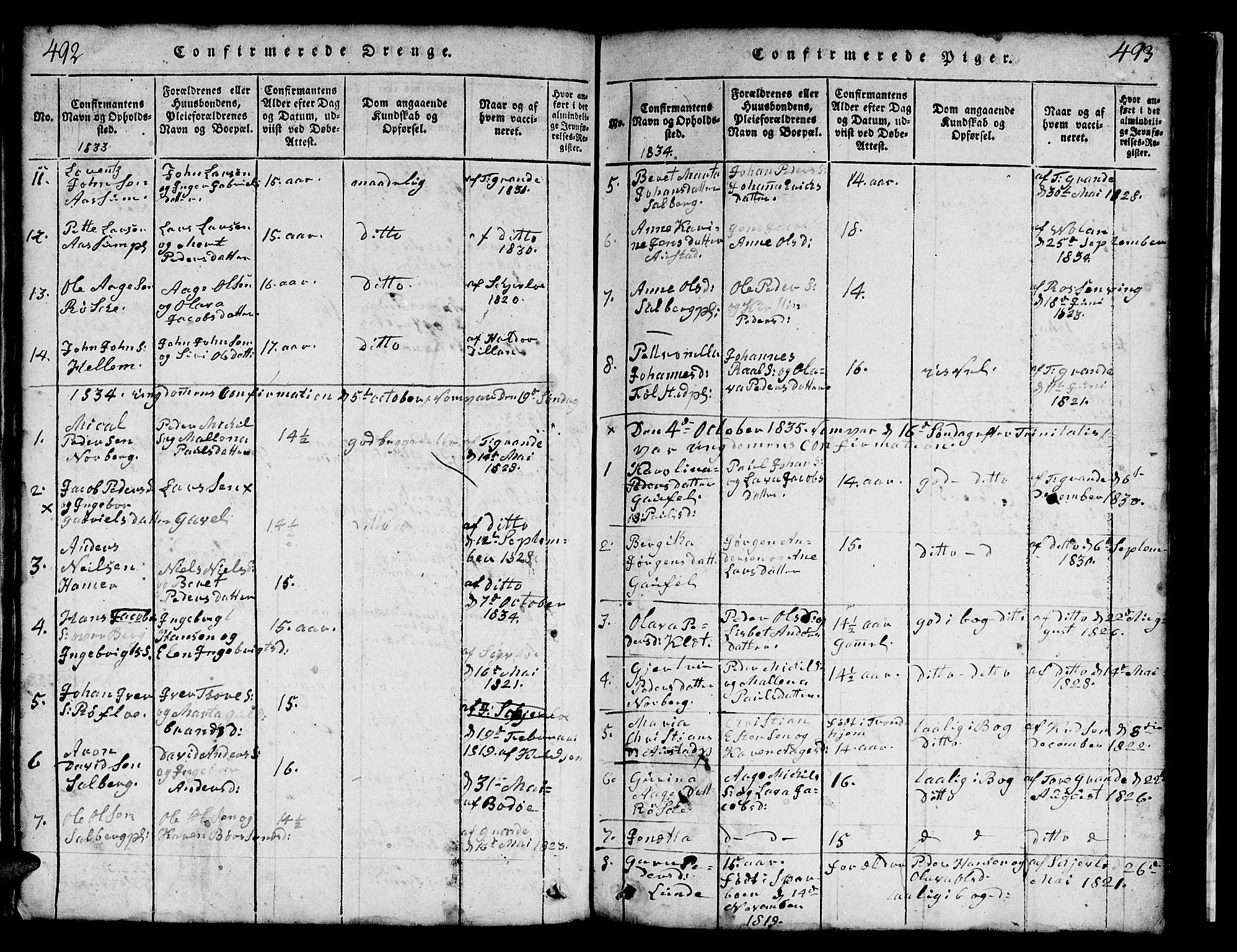Ministerialprotokoller, klokkerbøker og fødselsregistre - Nord-Trøndelag, AV/SAT-A-1458/731/L0310: Parish register (copy) no. 731C01, 1816-1874, p. 492-493