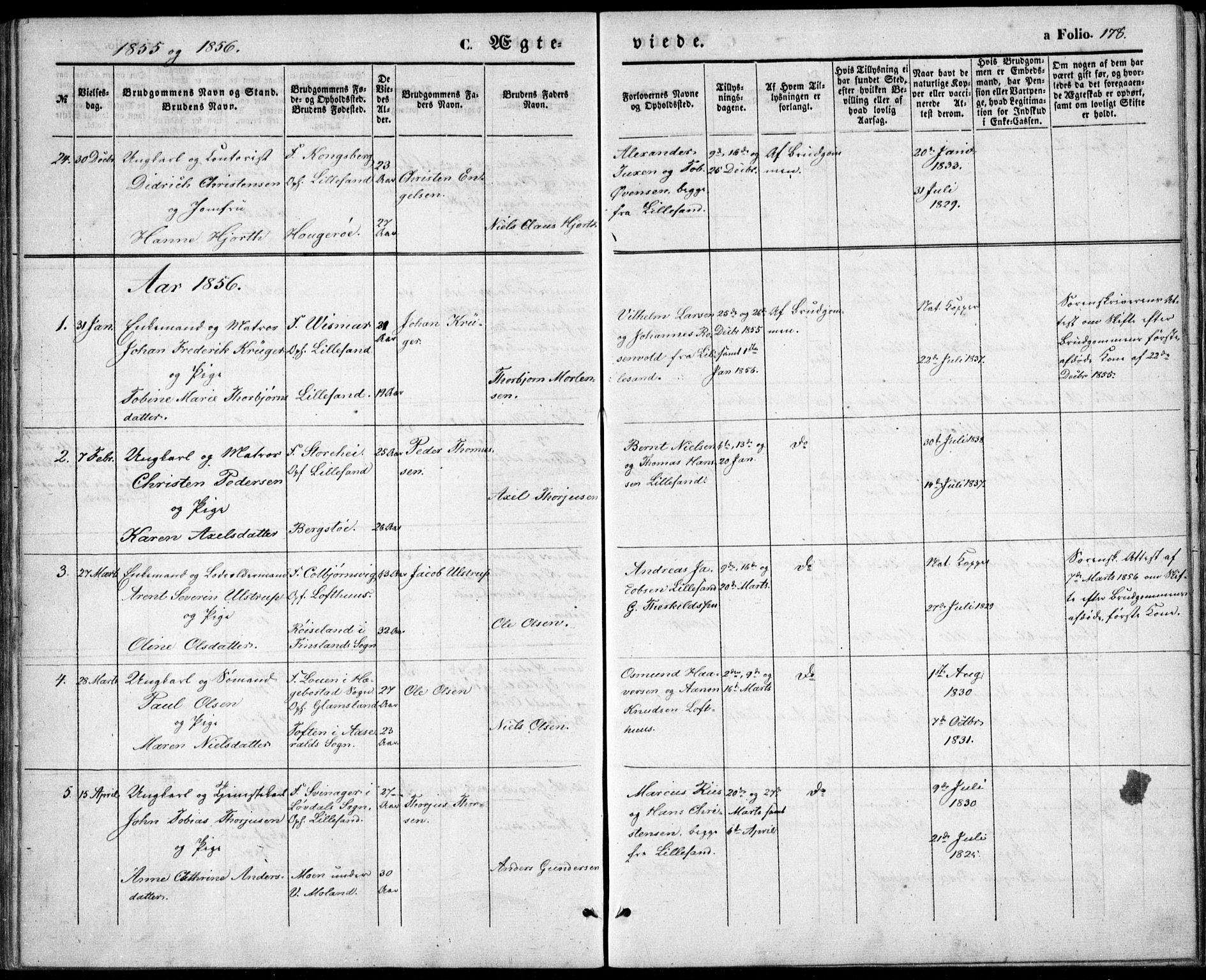 Vestre Moland sokneprestkontor, SAK/1111-0046/F/Fb/Fbb/L0003: Parish register (copy) no. B 3, 1851-1861, p. 178