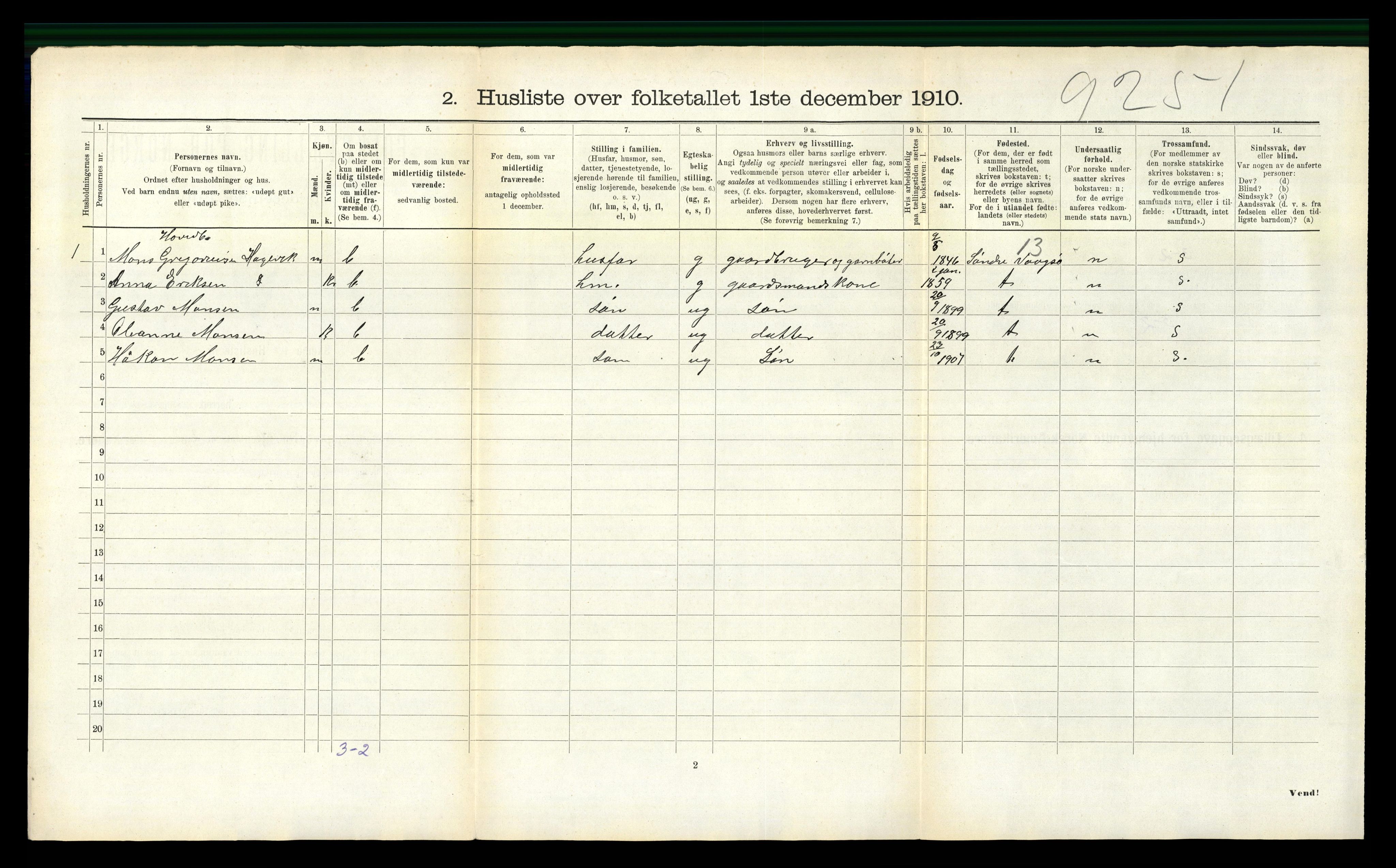 RA, 1910 census for Selje, 1910, p. 1083