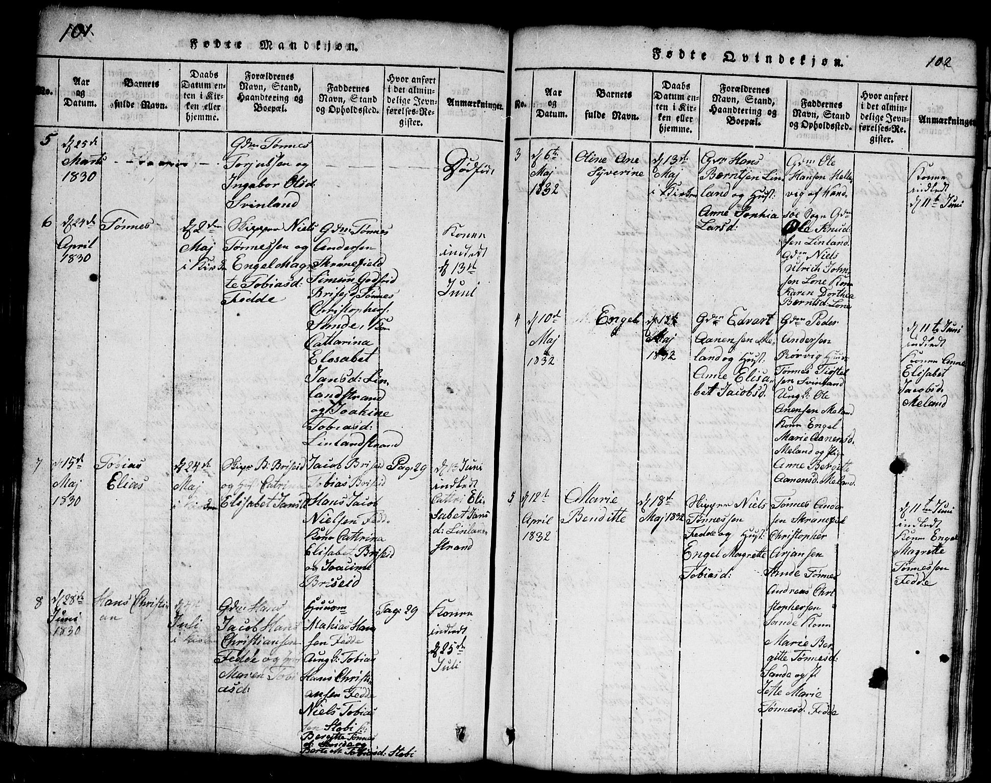 Kvinesdal sokneprestkontor, SAK/1111-0026/F/Fb/Fba/L0001: Parish register (copy) no. B 1, 1815-1839, p. 101-102