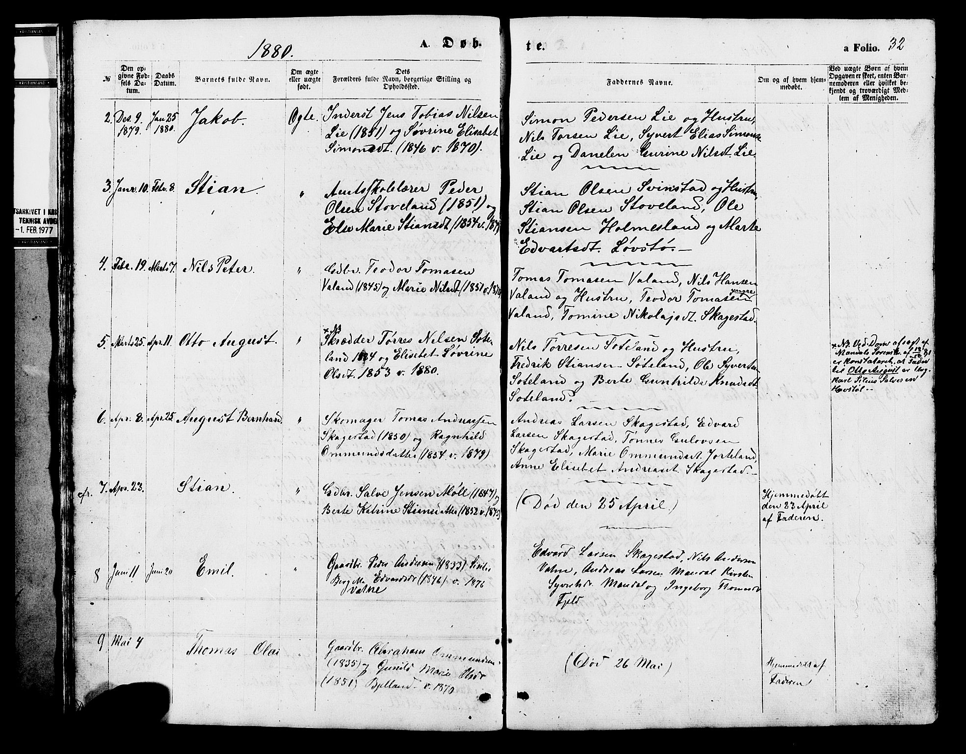 Holum sokneprestkontor, AV/SAK-1111-0022/F/Fb/Fba/L0004: Parish register (copy) no. B 4, 1867-1890, p. 32