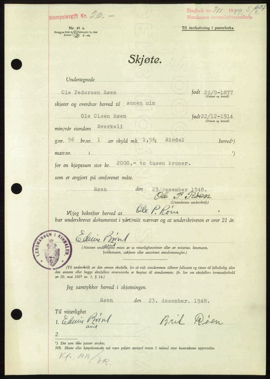 Nordmøre sorenskriveri, AV/SAT-A-4132/1/2/2Ca: Mortgage book no. A110, 1948-1949, Diary no: : 311/1949