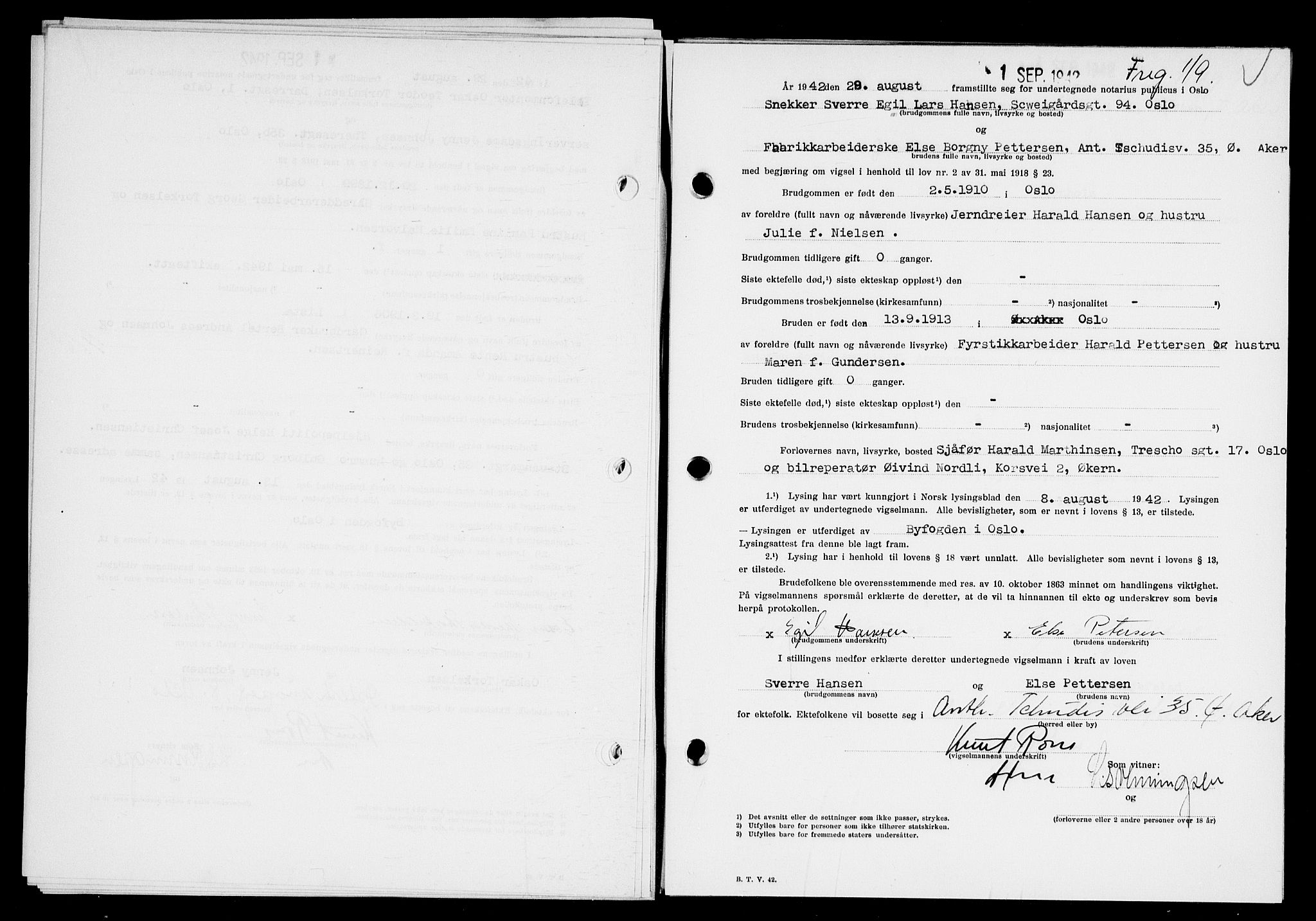 Oslo byfogd avd. I, AV/SAO-A-10220/L/Lb/Lbb/L0041: Notarialprotokoll, rekke II: Vigsler, 1942