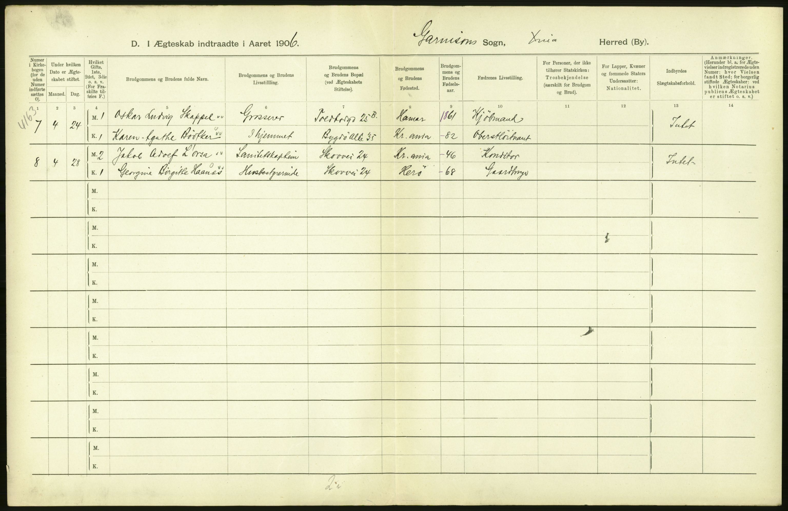 Statistisk sentralbyrå, Sosiodemografiske emner, Befolkning, AV/RA-S-2228/D/Df/Dfa/Dfad/L0008: Kristiania: Gifte, 1906, p. 438