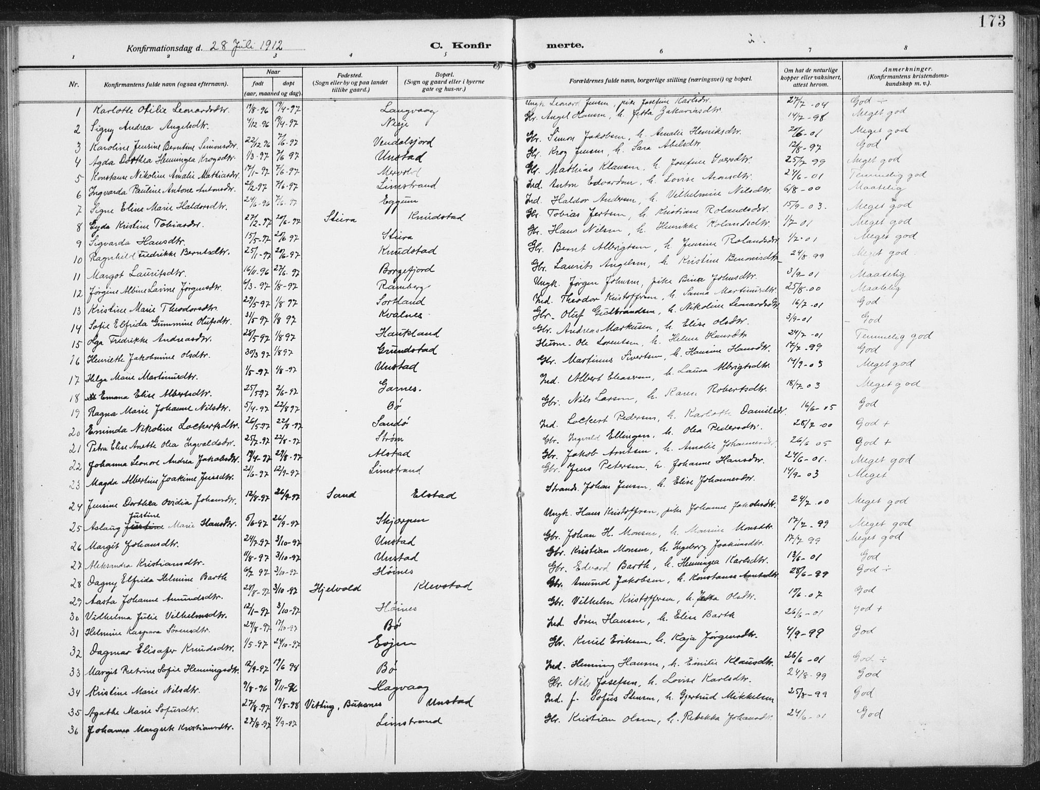 Ministerialprotokoller, klokkerbøker og fødselsregistre - Nordland, AV/SAT-A-1459/880/L1135: Parish register (official) no. 880A09, 1908-1919, p. 173