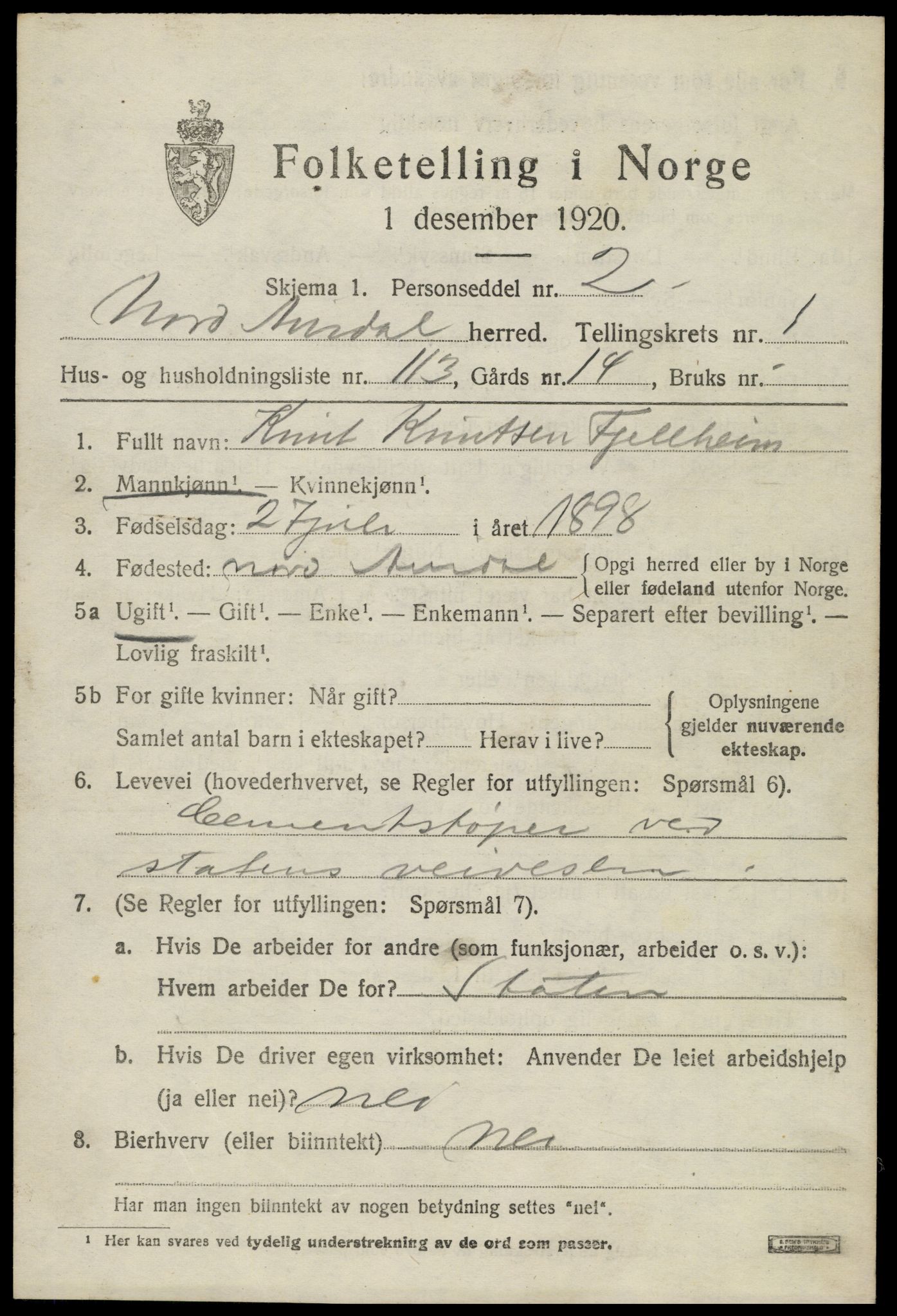 SAH, 1920 census for Nord-Aurdal, 1920, p. 3116