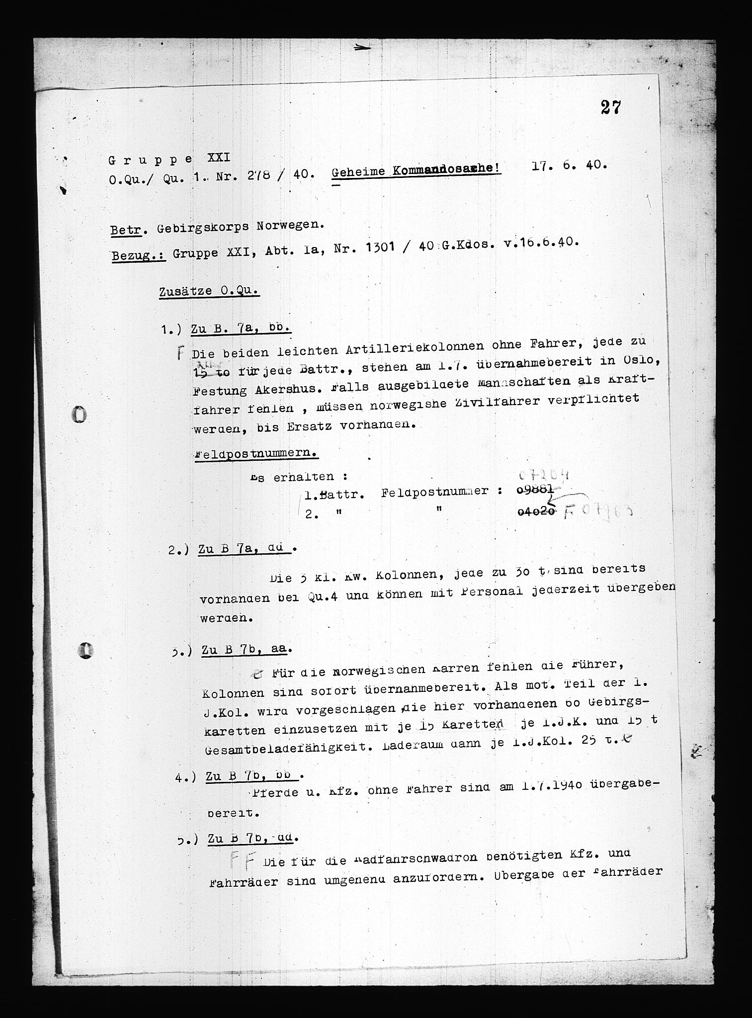 Documents Section, AV/RA-RAFA-2200/V/L0083: Amerikansk mikrofilm "Captured German Documents".
Box No. 722.  FKA jnr. 615/1954., 1940, p. 444