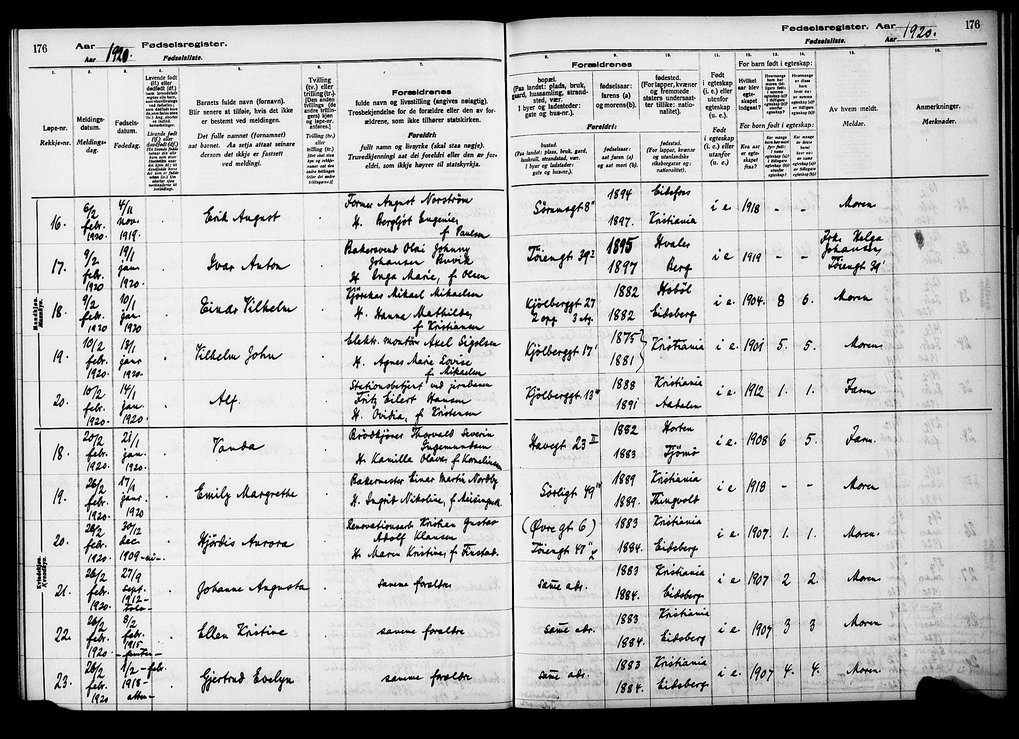 Kampen prestekontor Kirkebøker, AV/SAO-A-10853/J/Ja/L0001: Birth register no. 1, 1916-1920, p. 176