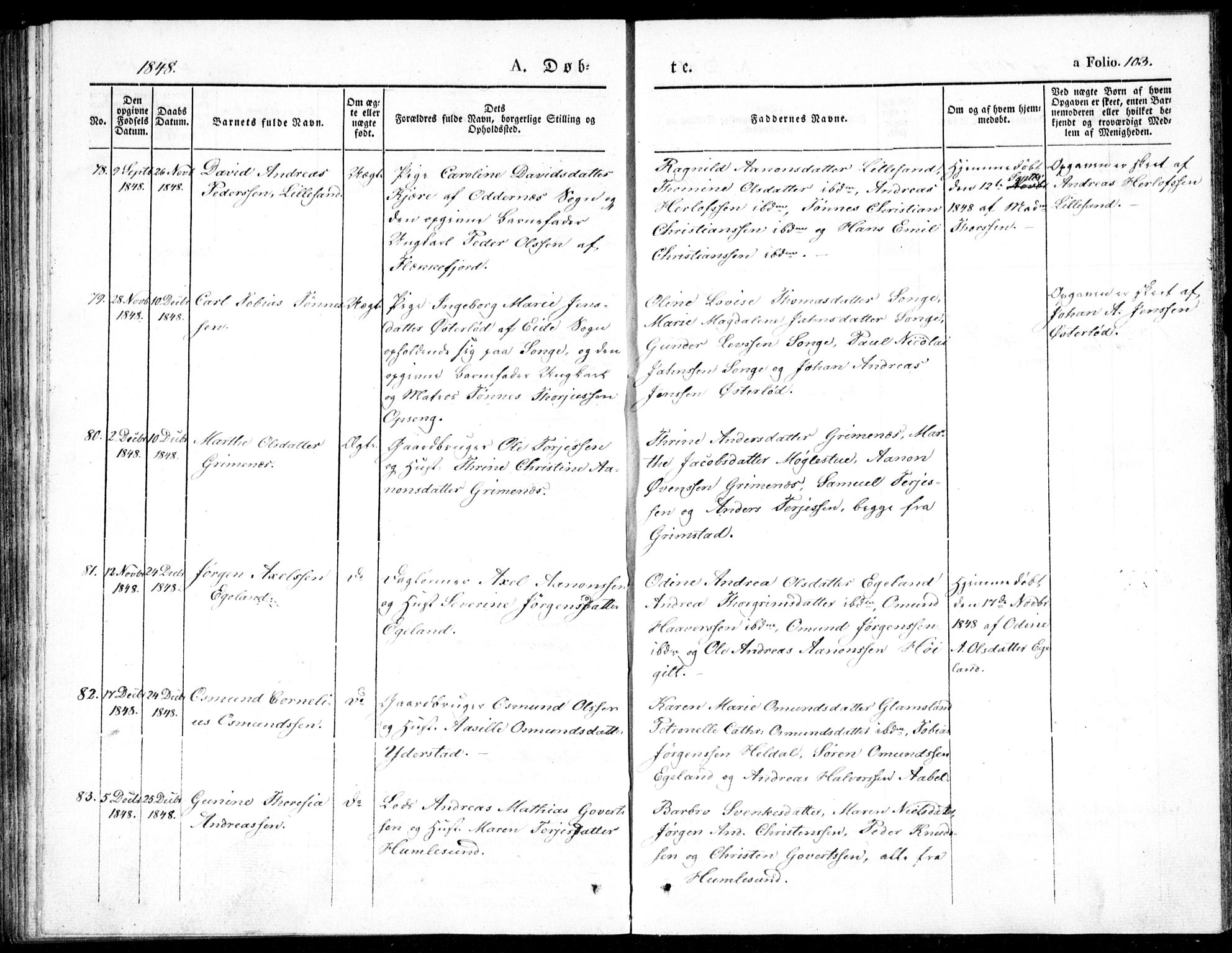 Vestre Moland sokneprestkontor, AV/SAK-1111-0046/F/Fb/Fbb/L0002: Parish register (copy) no. B 2, 1836-1851, p. 103