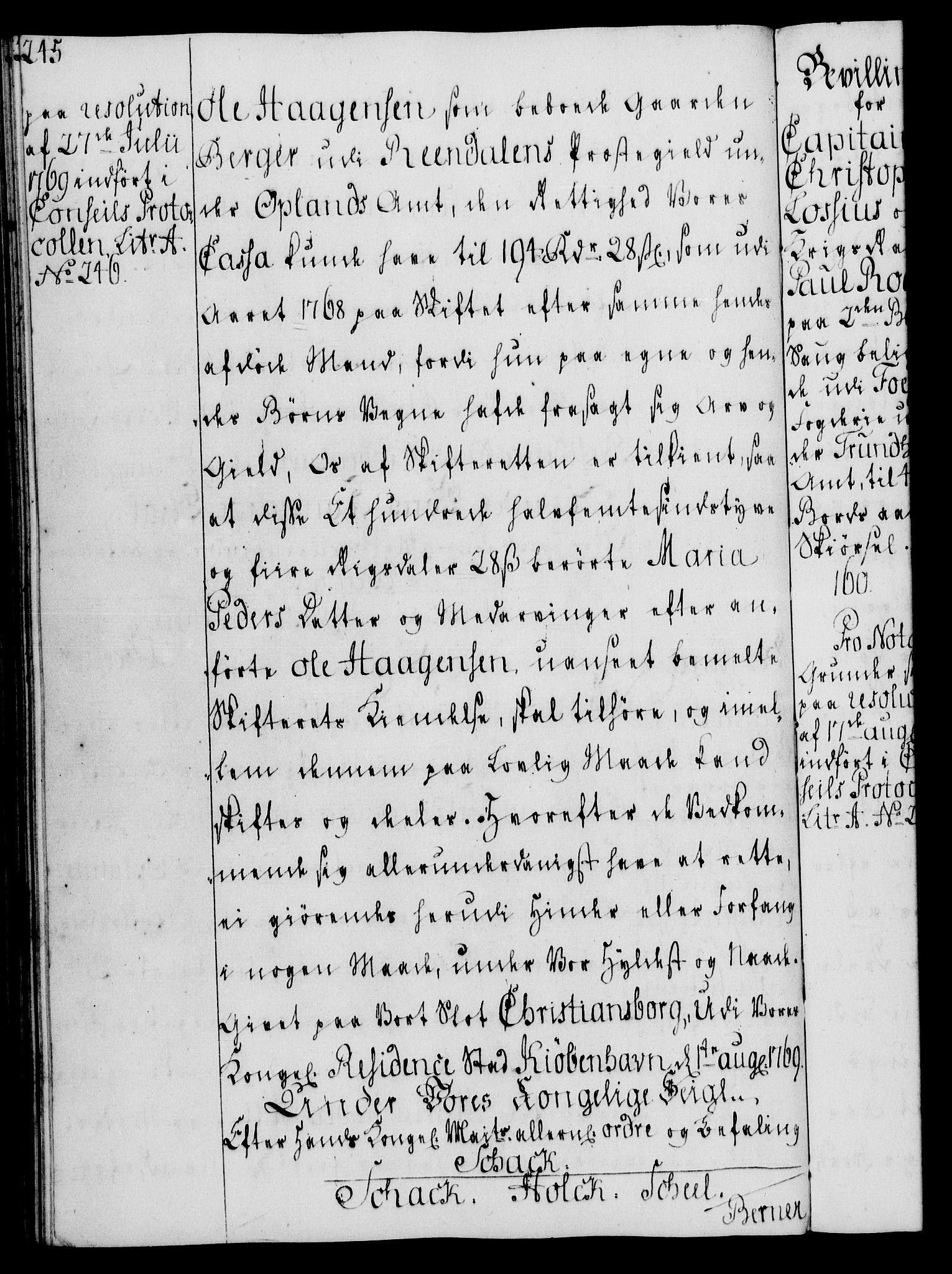 Rentekammeret, Kammerkanselliet, RA/EA-3111/G/Gg/Gga/L0008: Norsk ekspedisjonsprotokoll med register (merket RK 53.8), 1768-1771, p. 245