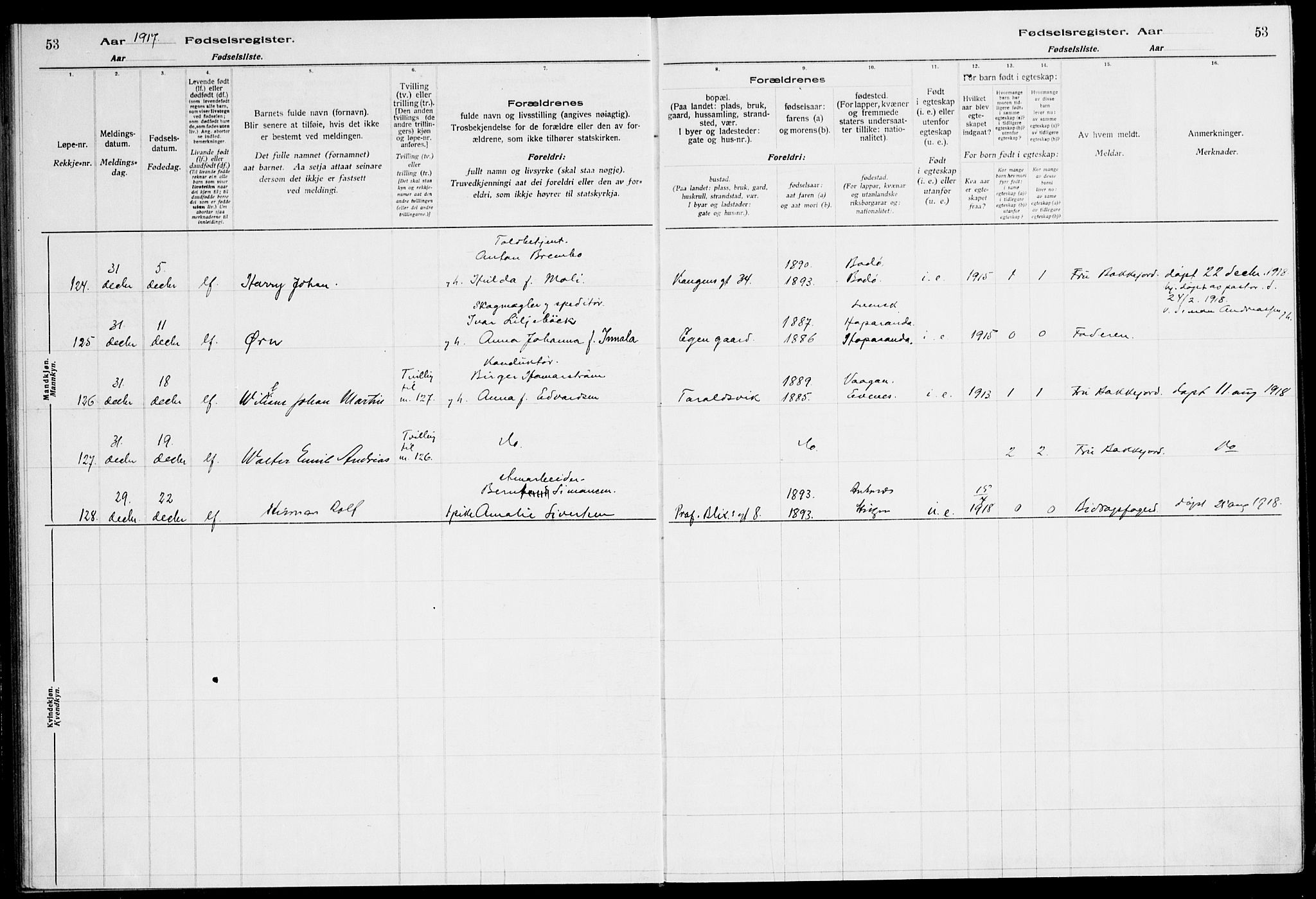 Ministerialprotokoller, klokkerbøker og fødselsregistre - Nordland, AV/SAT-A-1459/871/L1013: Birth register no. 871.II.4.1, 1916-1924, p. 53