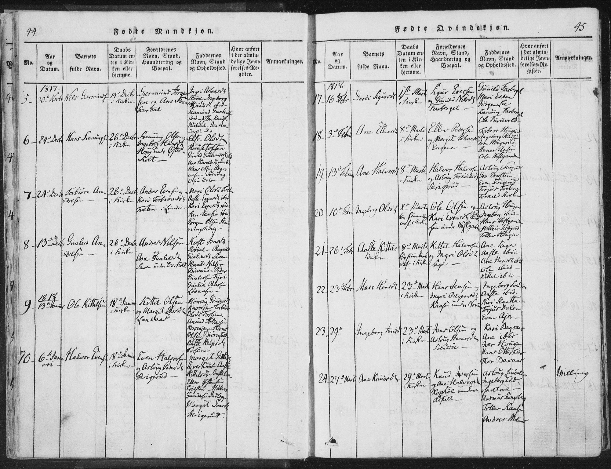 Bø kirkebøker, AV/SAKO-A-257/F/Fa/L0006: Parish register (official) no. 6, 1815-1831, p. 44-45