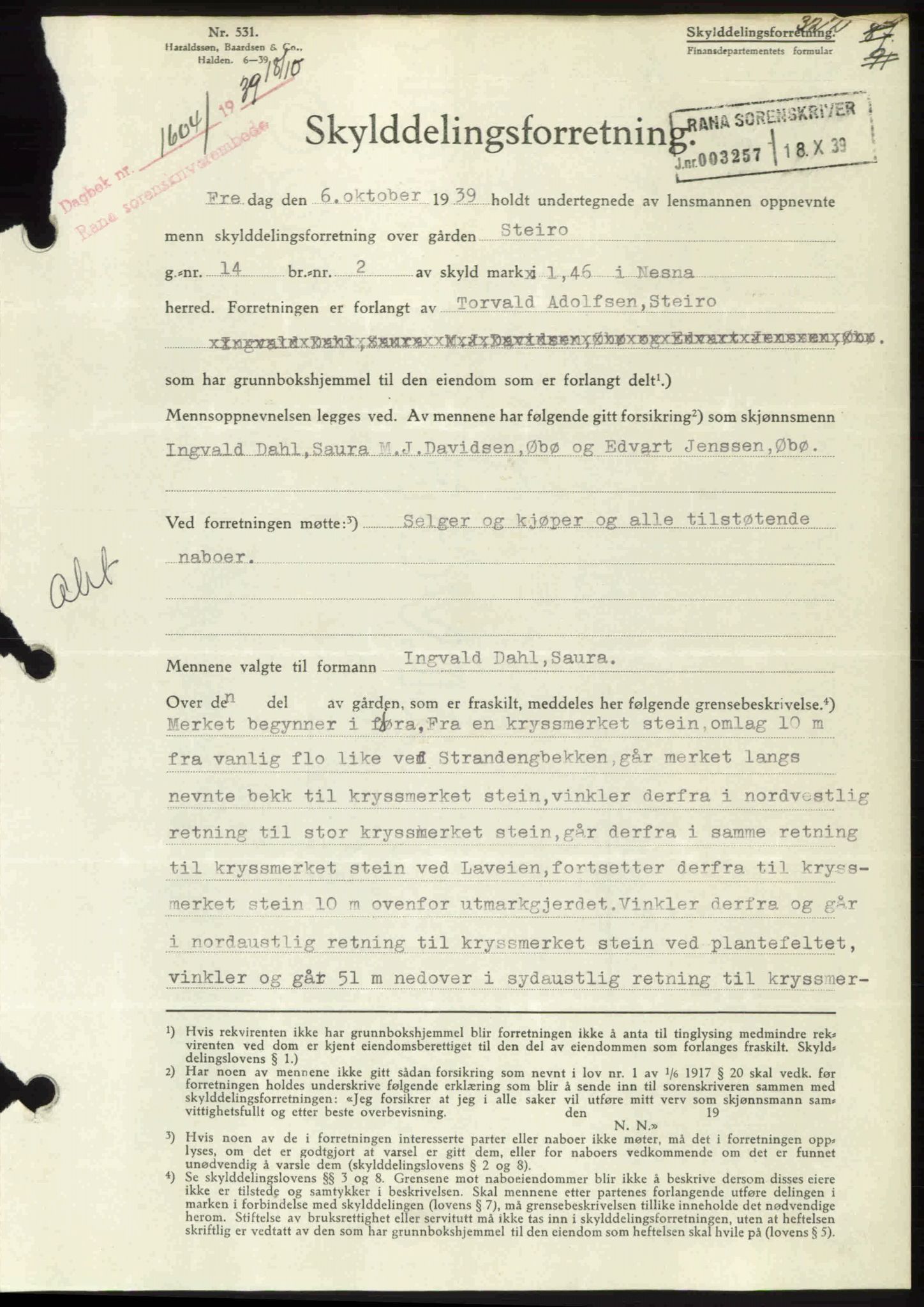 Rana sorenskriveri , SAT/A-1108/1/2/2C: Mortgage book no. A 6, 1939-1940, Diary no: : 1604/1939