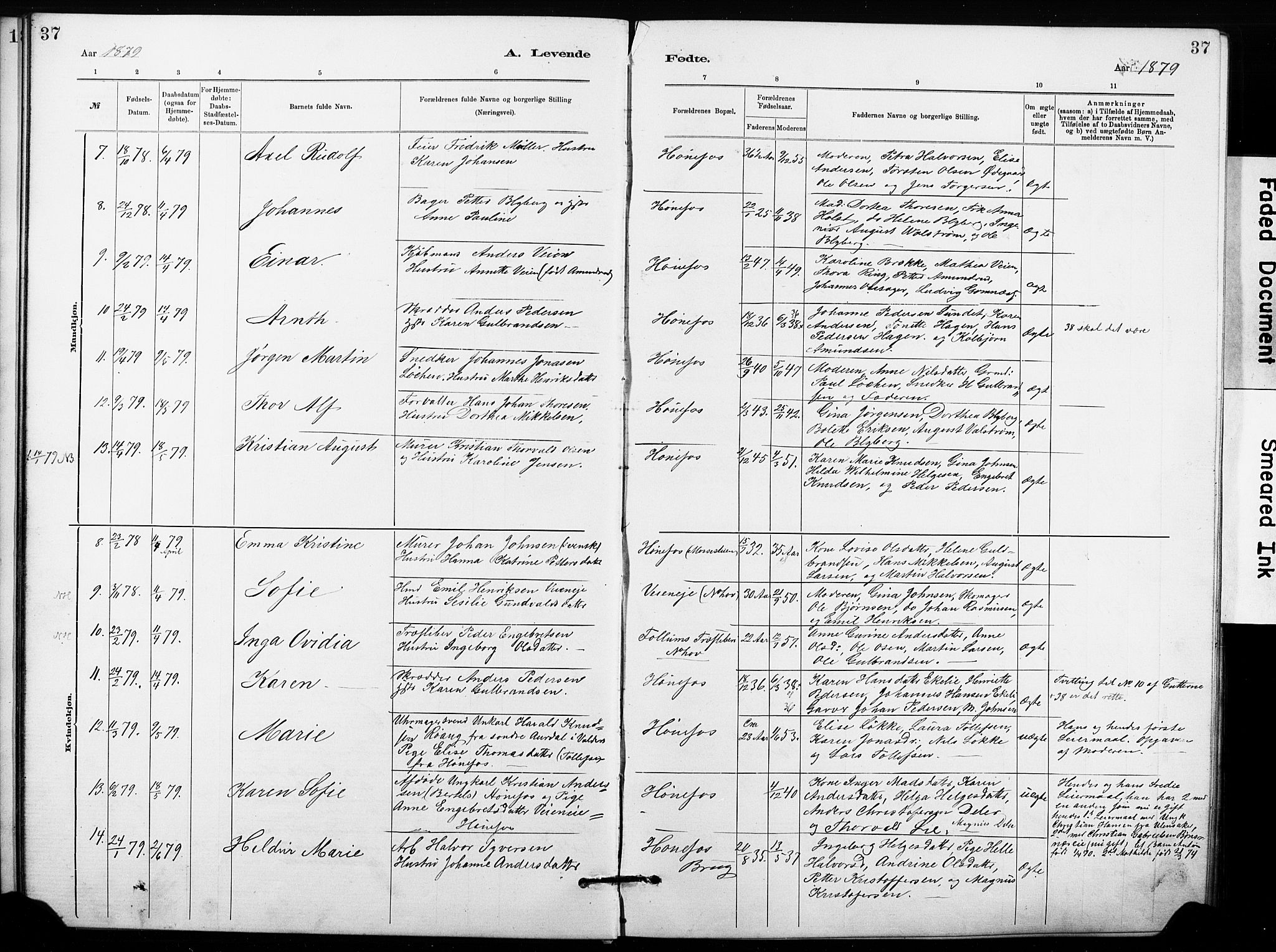 Hønefoss kirkebøker, AV/SAKO-A-609/G/Ga/L0001: Parish register (copy) no. 1, 1870-1887, p. 37