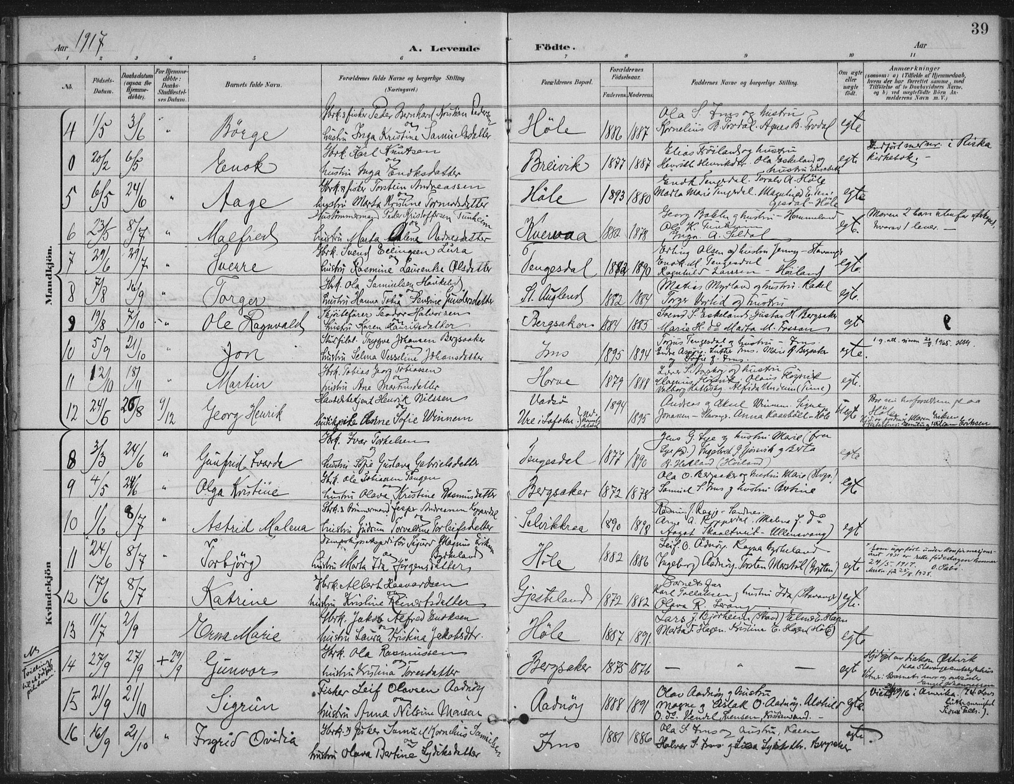 Høgsfjord sokneprestkontor, AV/SAST-A-101624/H/Ha/Haa/L0008: Parish register (official) no. A 8, 1898-1920, p. 39