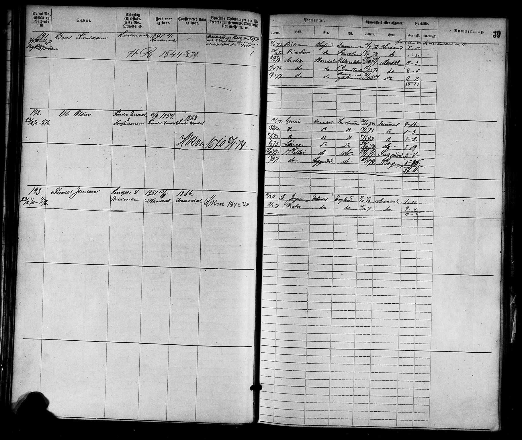 Mandal mønstringskrets, AV/SAK-2031-0016/F/Fa/L0001: Annotasjonsrulle nr 1-1920 med register, L-3, 1869-1881, p. 67