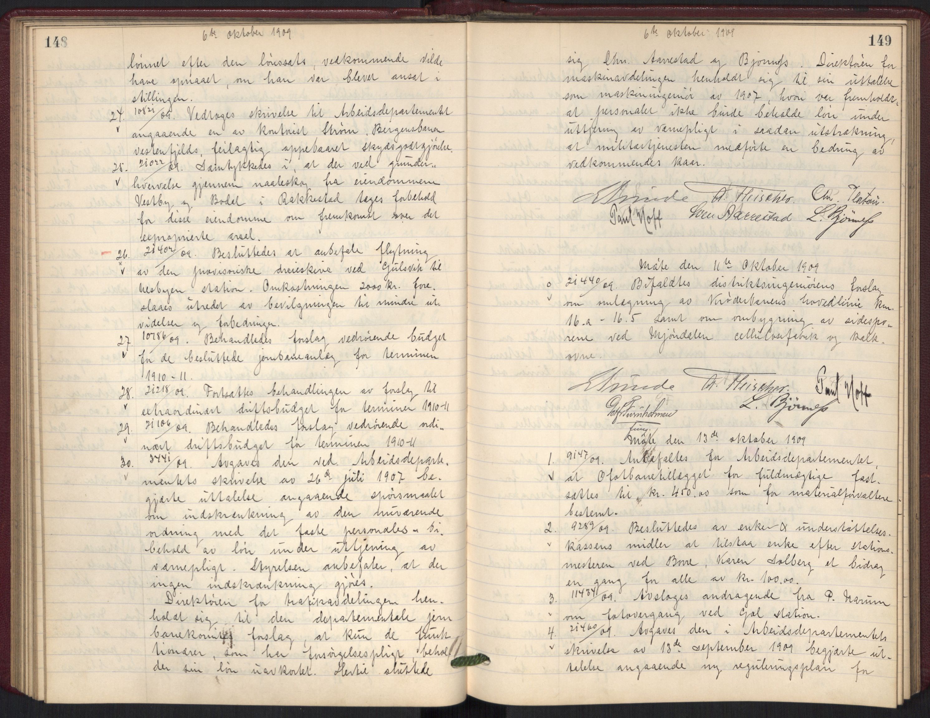 Norges statsbaner, Administrasjons- økonomi- og personalavdelingen, AV/RA-S-3412/A/Aa/L0010: Forhandlingsprotokoll, 1909-1910, p. 148-149