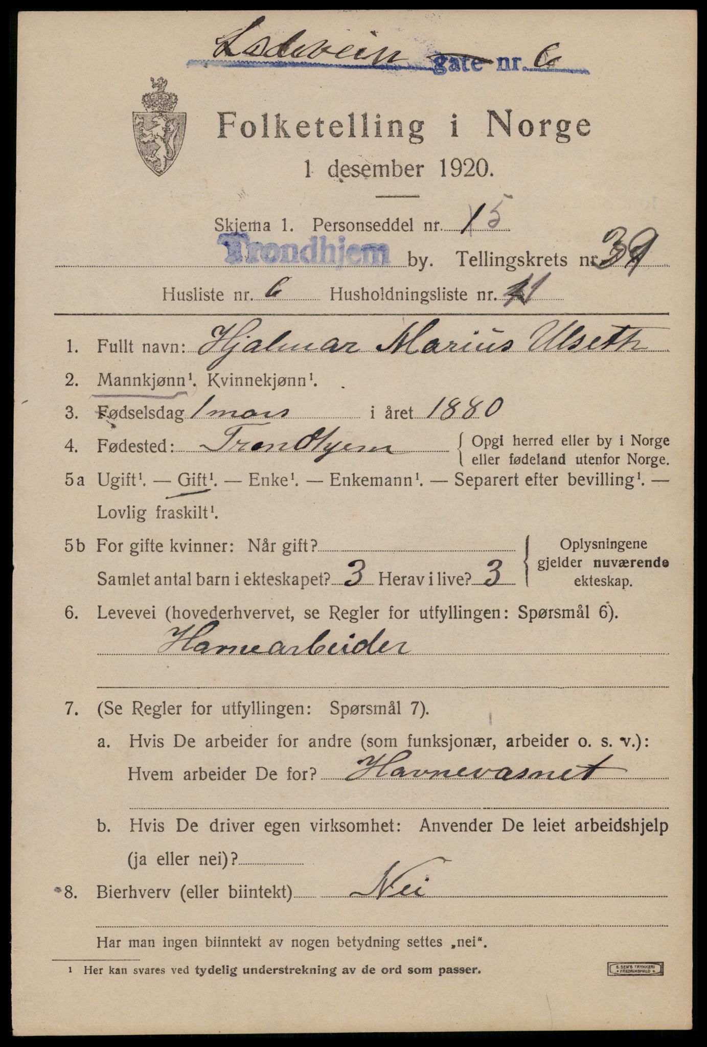 SAT, 1920 census for Trondheim, 1920, p. 144284