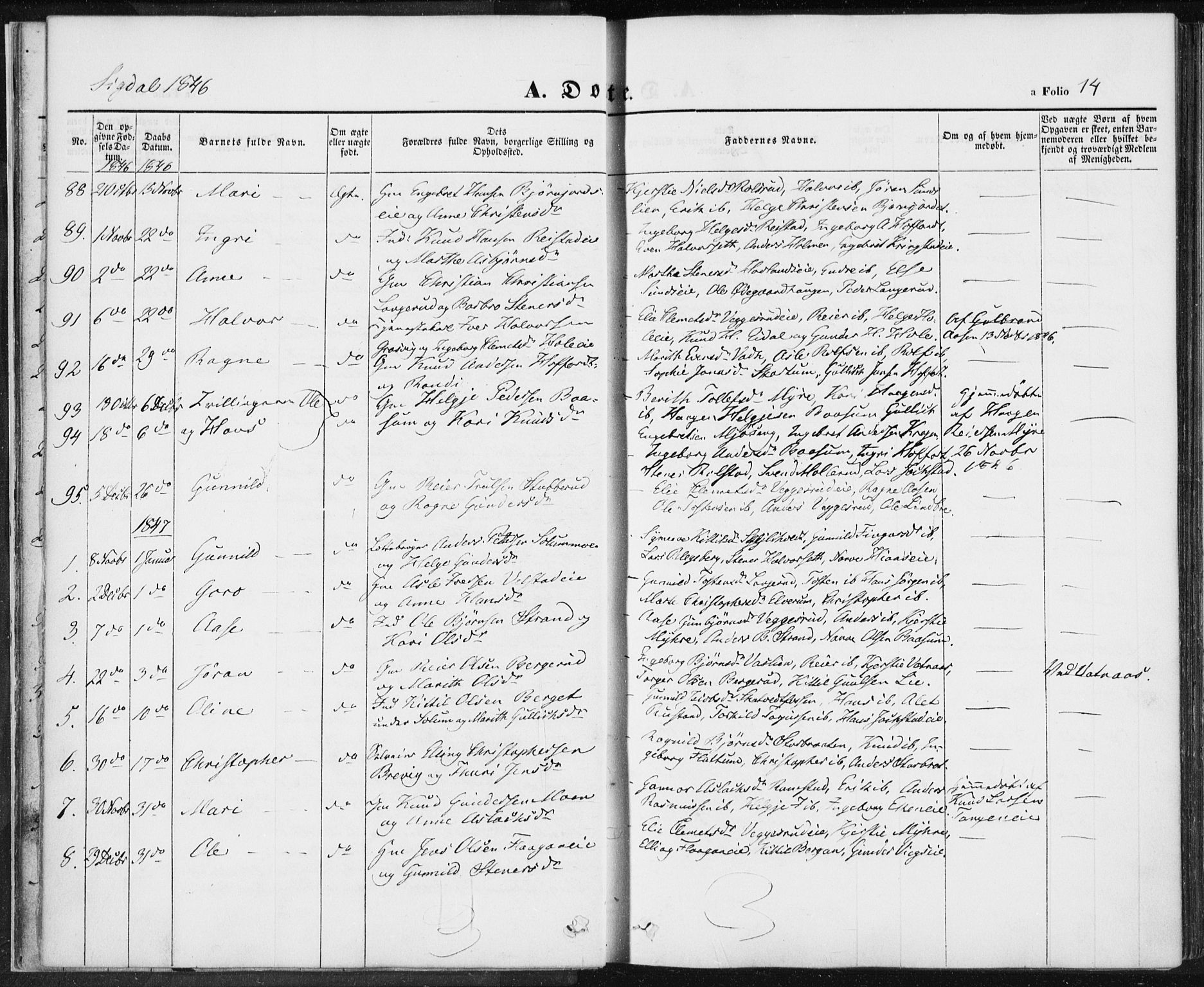 Sigdal kirkebøker, AV/SAKO-A-245/F/Fa/L0007: Parish register (official) no. I 7, 1844-1849, p. 14