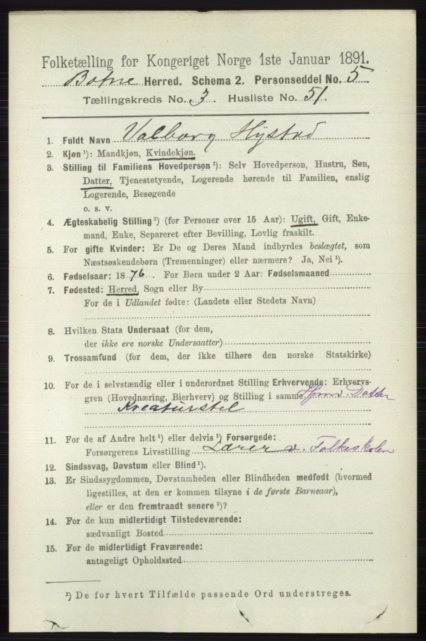 RA, 1891 census for 0715 Botne, 1891, p. 1534