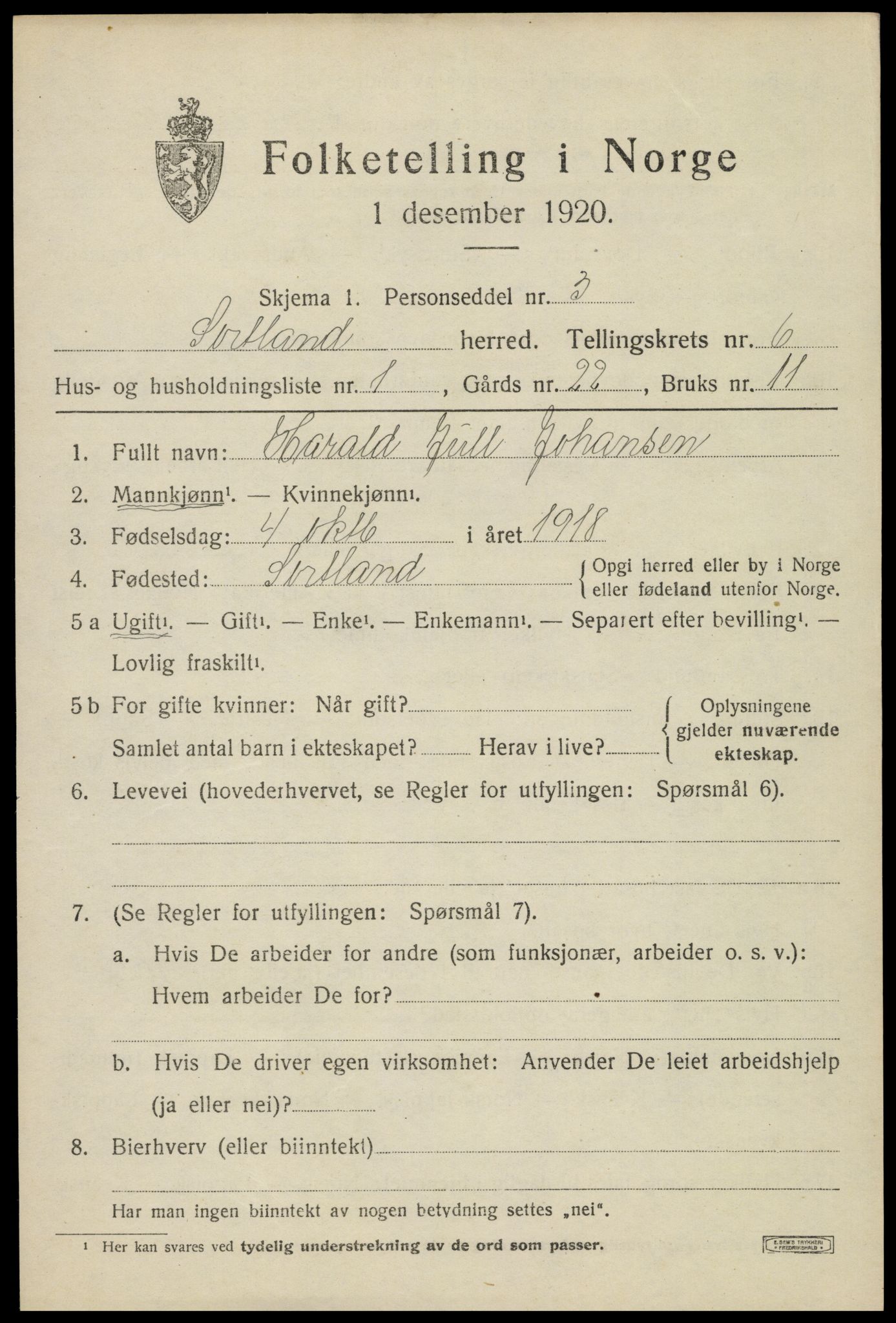 SAT, 1920 census for Sortland, 1920, p. 6226