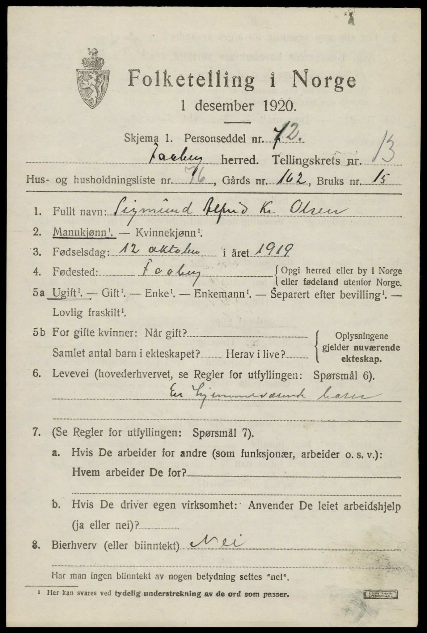 SAH, 1920 census for Fåberg, 1920, p. 14790