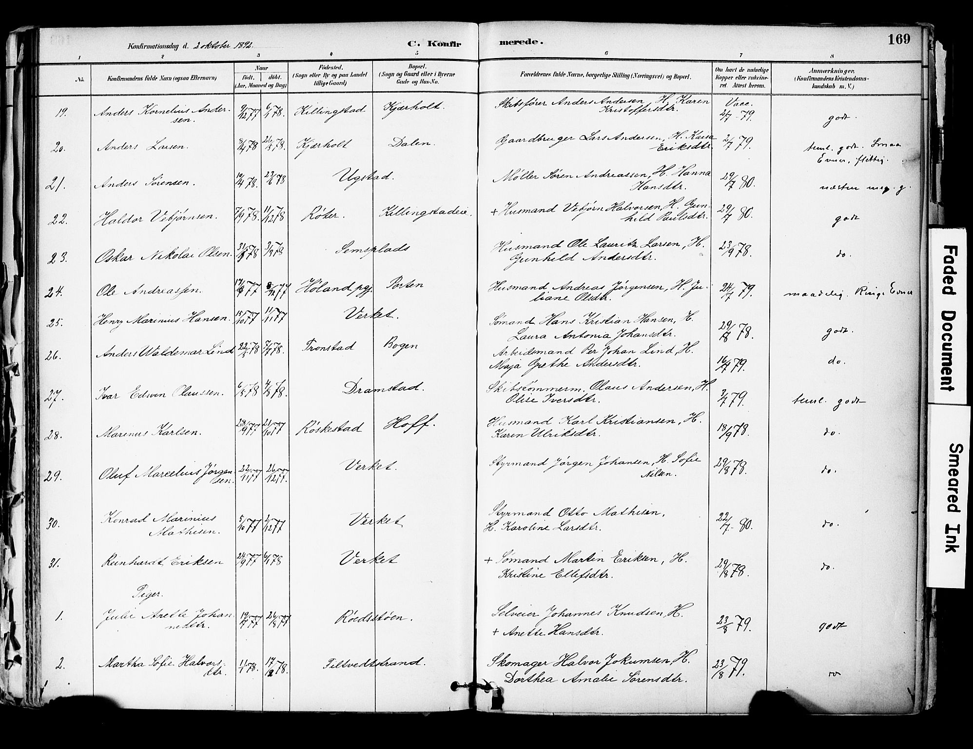 Hurum kirkebøker, AV/SAKO-A-229/F/Fa/L0014: Parish register (official) no. 14, 1882-1895, p. 169