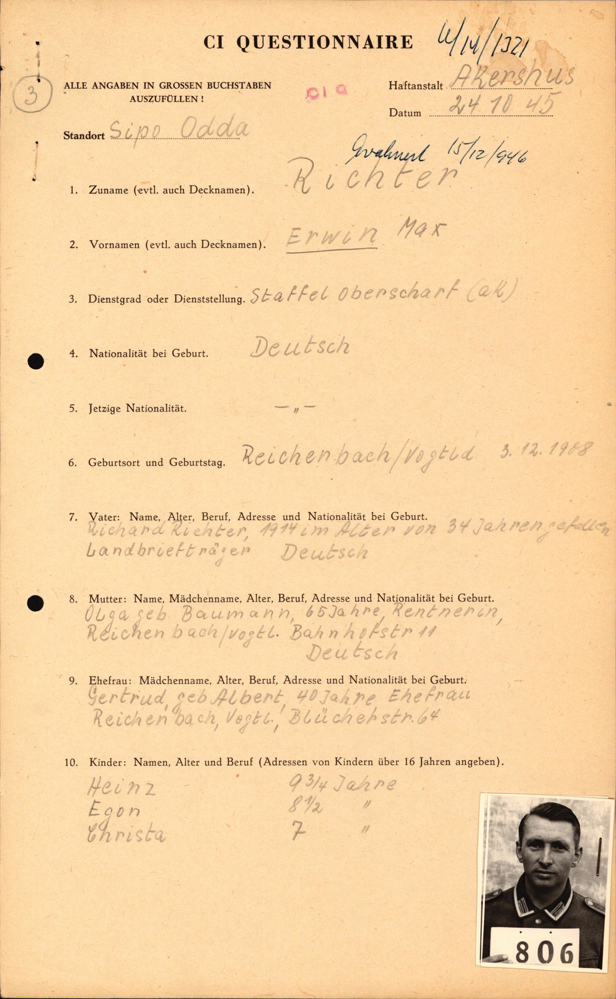 Forsvaret, Forsvarets overkommando II, AV/RA-RAFA-3915/D/Db/L0027: CI Questionaires. Tyske okkupasjonsstyrker i Norge. Tyskere., 1945-1946, p. 317