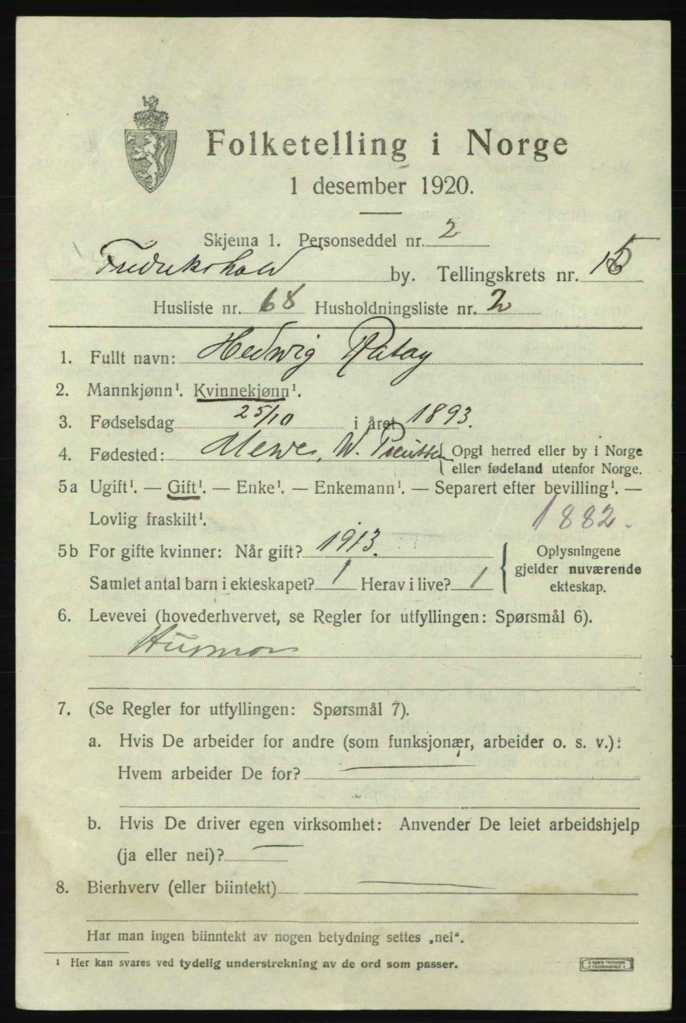 SAO, 1920 census for Fredrikshald, 1920, p. 24726