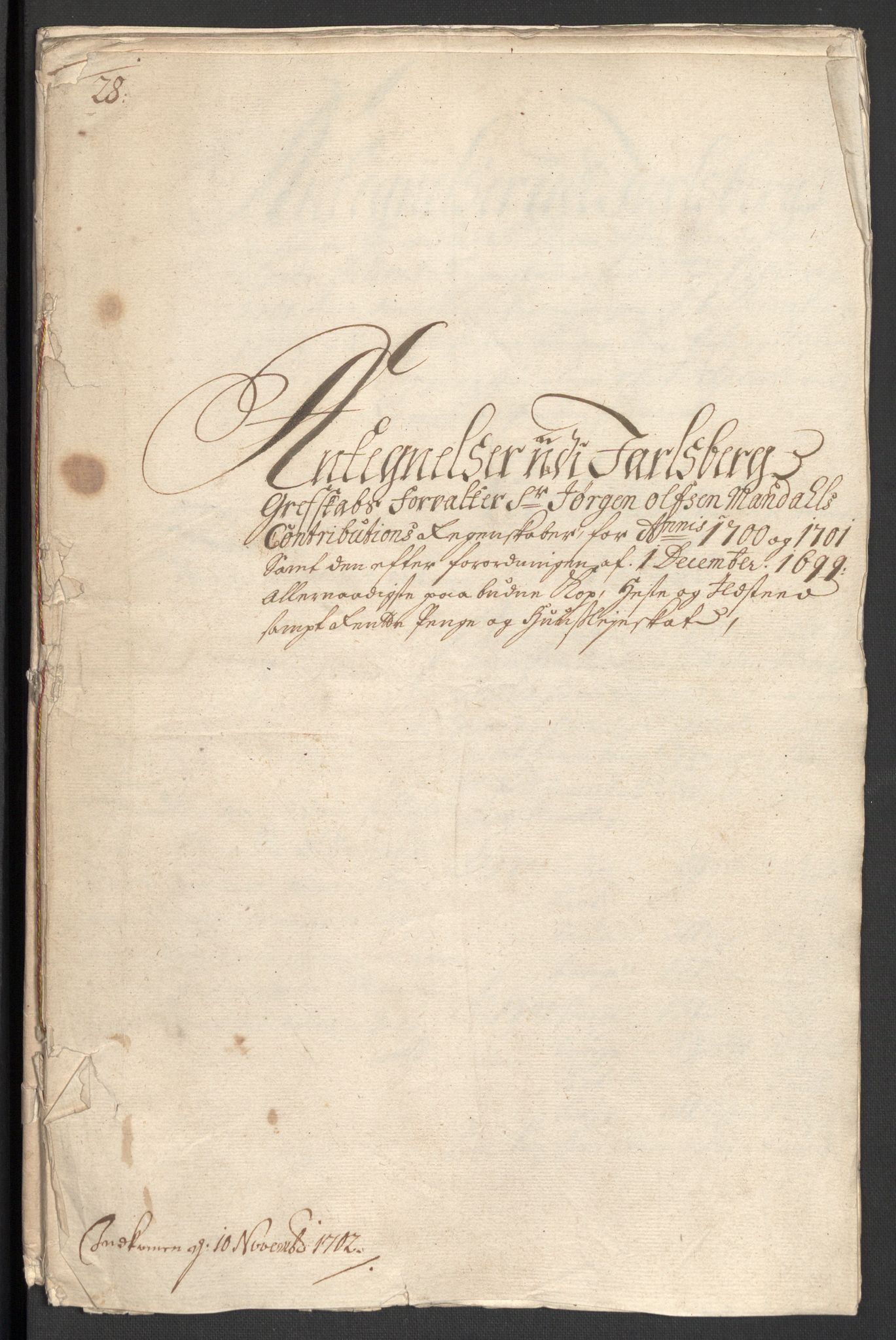 Rentekammeret inntil 1814, Reviderte regnskaper, Fogderegnskap, RA/EA-4092/R32/L1869: Fogderegnskap Jarlsberg grevskap, 1700-1701, p. 419