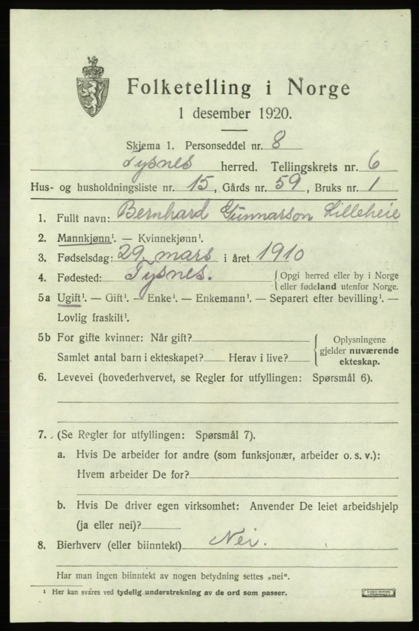 SAB, 1920 census for Tysnes, 1920, p. 4554