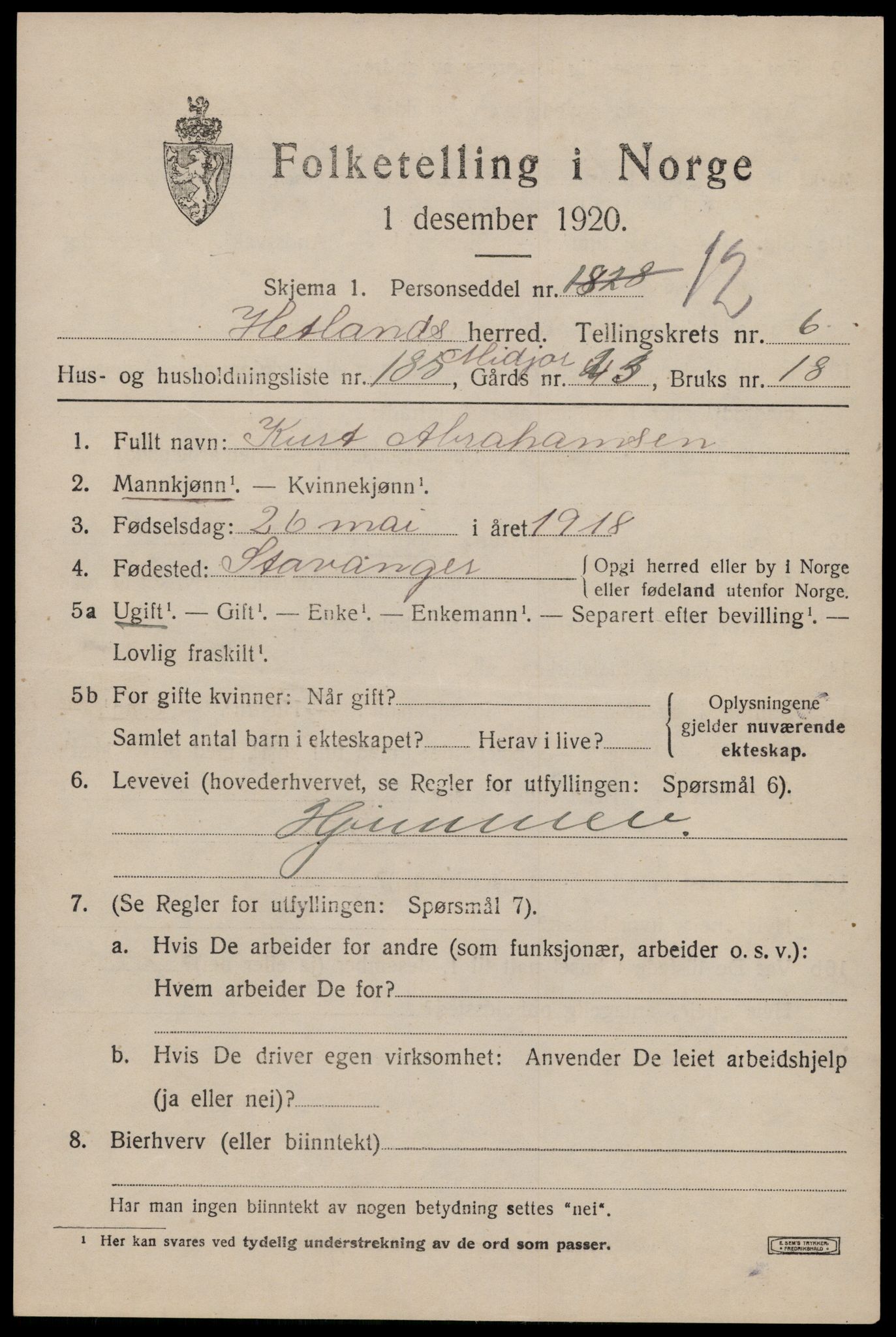 SAST, 1920 census for Hetland, 1920, p. 13119