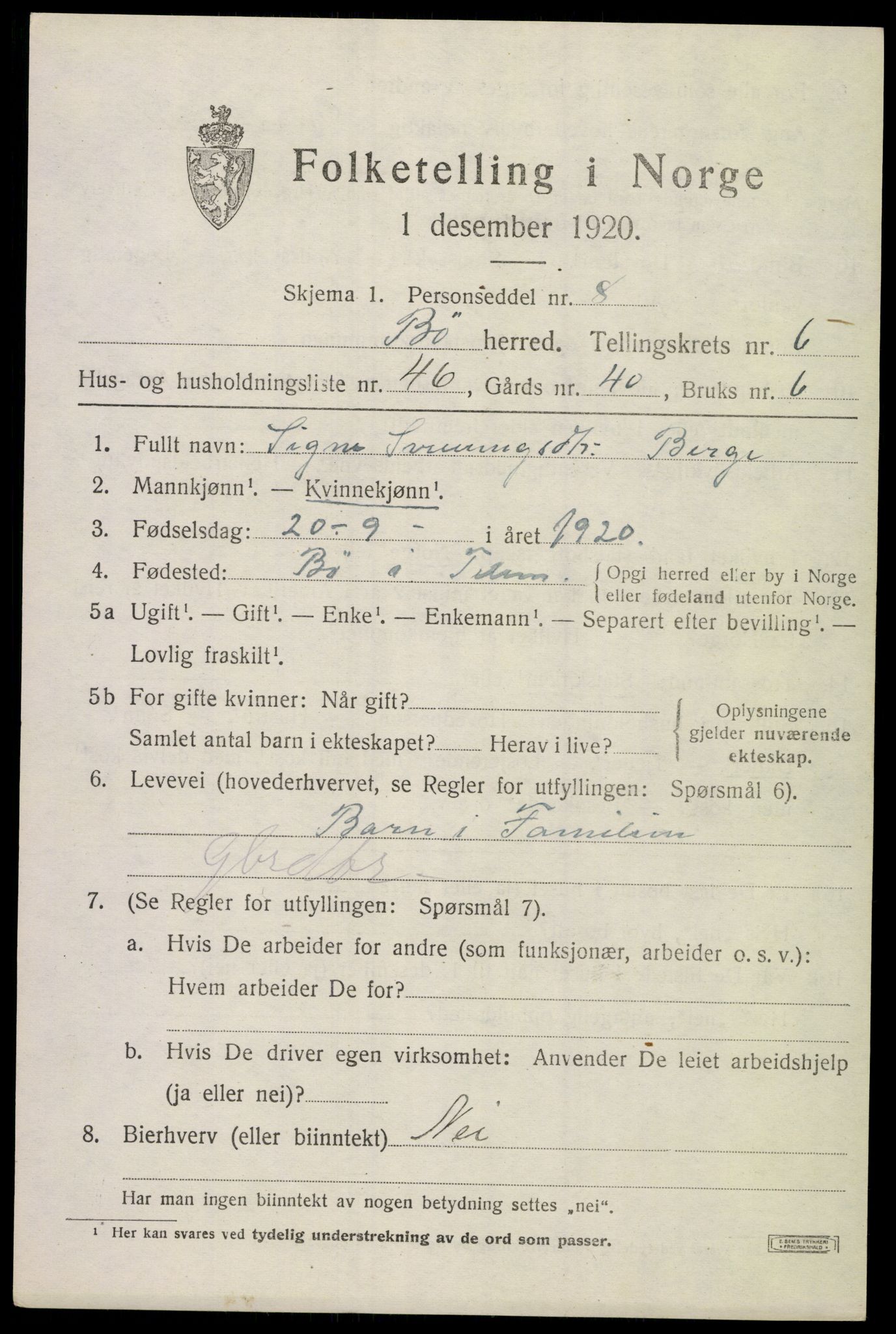 SAKO, 1920 census for Bø (Telemark), 1920, p. 4910