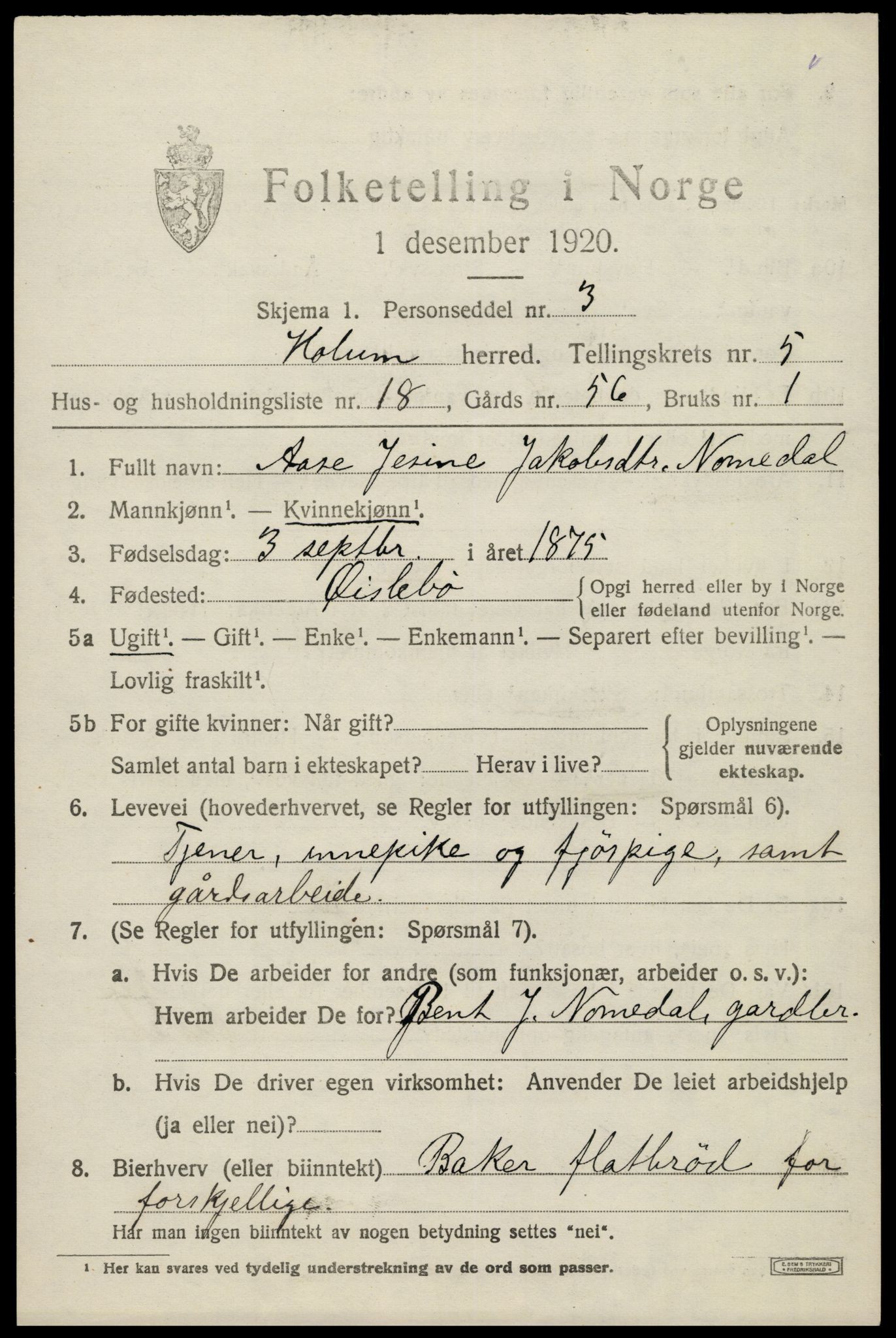 SAK, 1920 census for Holum, 1920, p. 2285