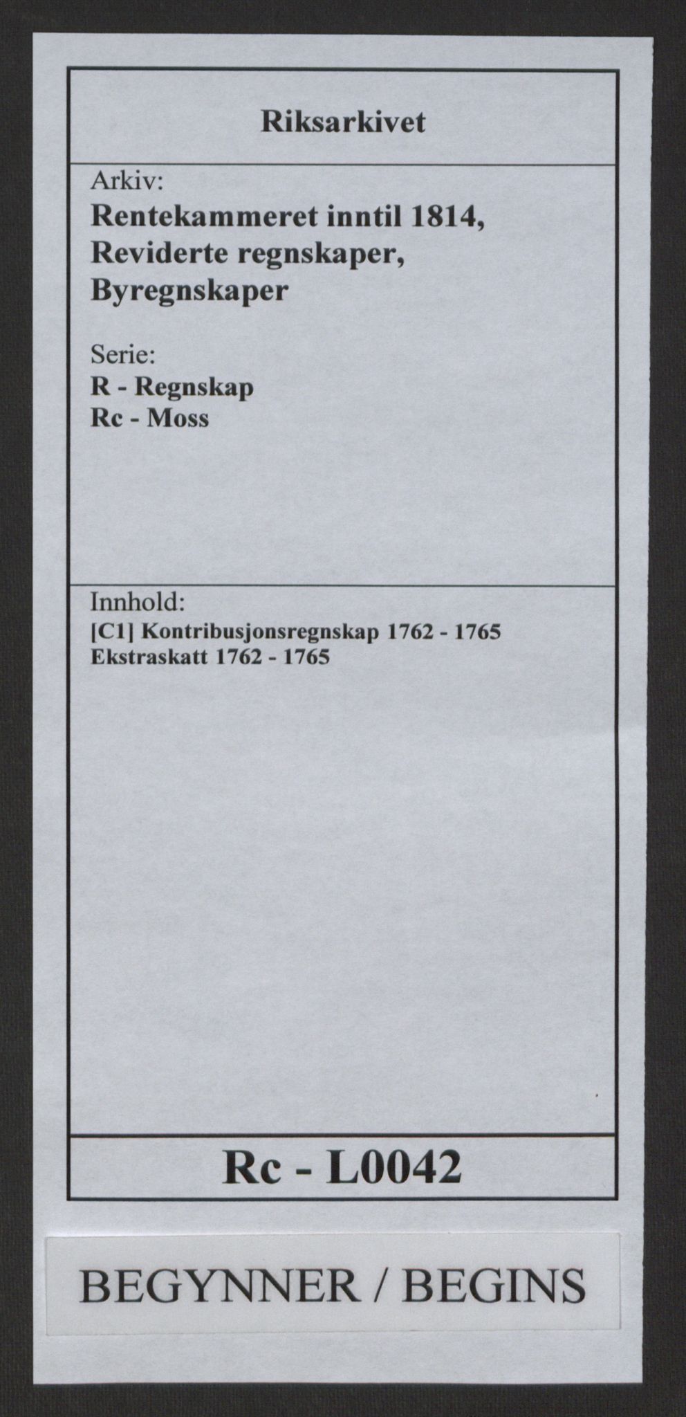 Rentekammeret inntil 1814, Reviderte regnskaper, Byregnskaper, RA/EA-4066/R/Rc/L0042/0001: [C1] Kontribusjonsregnskap / Ekstraskatt, 1762-1765, p. 1