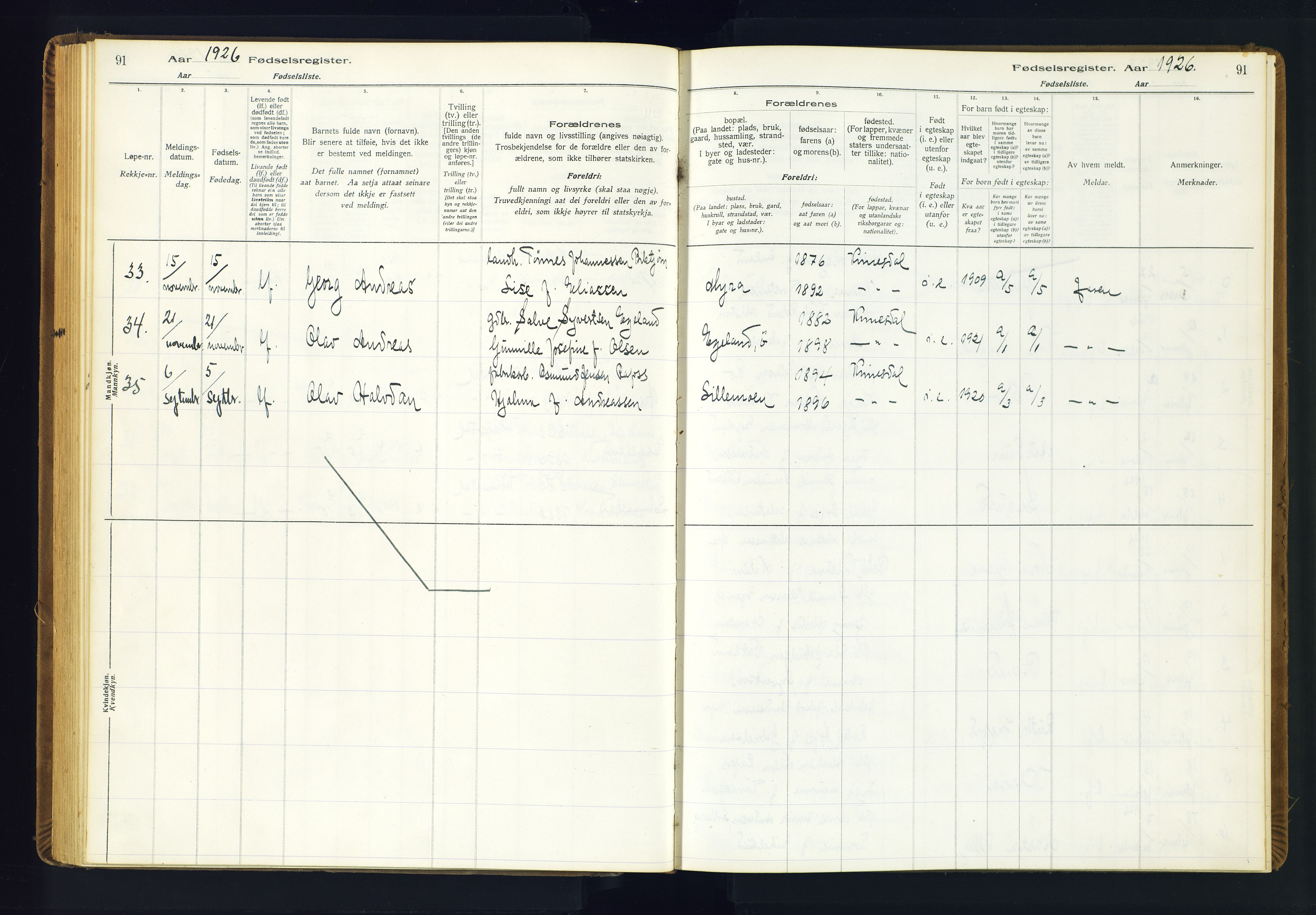 Kvinesdal sokneprestkontor, AV/SAK-1111-0026/J/Ja/L0001: Birth register no. 1, 1916-1941, p. 91