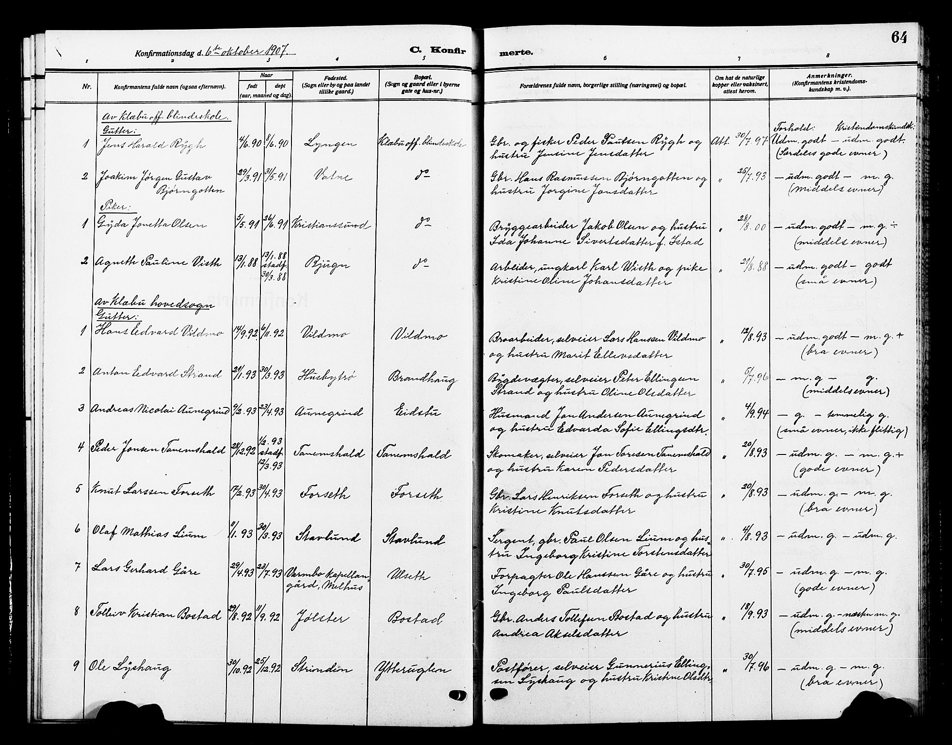 Ministerialprotokoller, klokkerbøker og fødselsregistre - Sør-Trøndelag, SAT/A-1456/618/L0453: Parish register (copy) no. 618C04, 1907-1925, p. 64