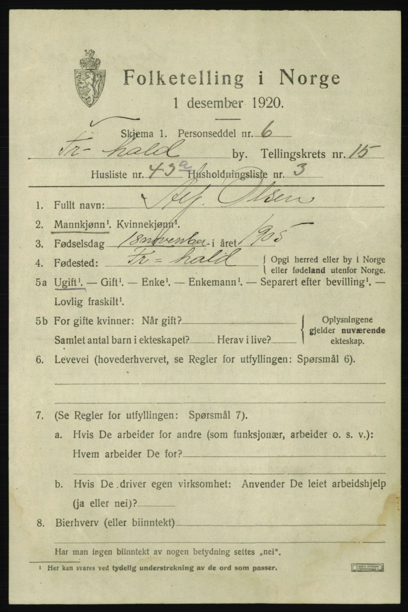 SAO, 1920 census for Fredrikshald, 1920, p. 24218