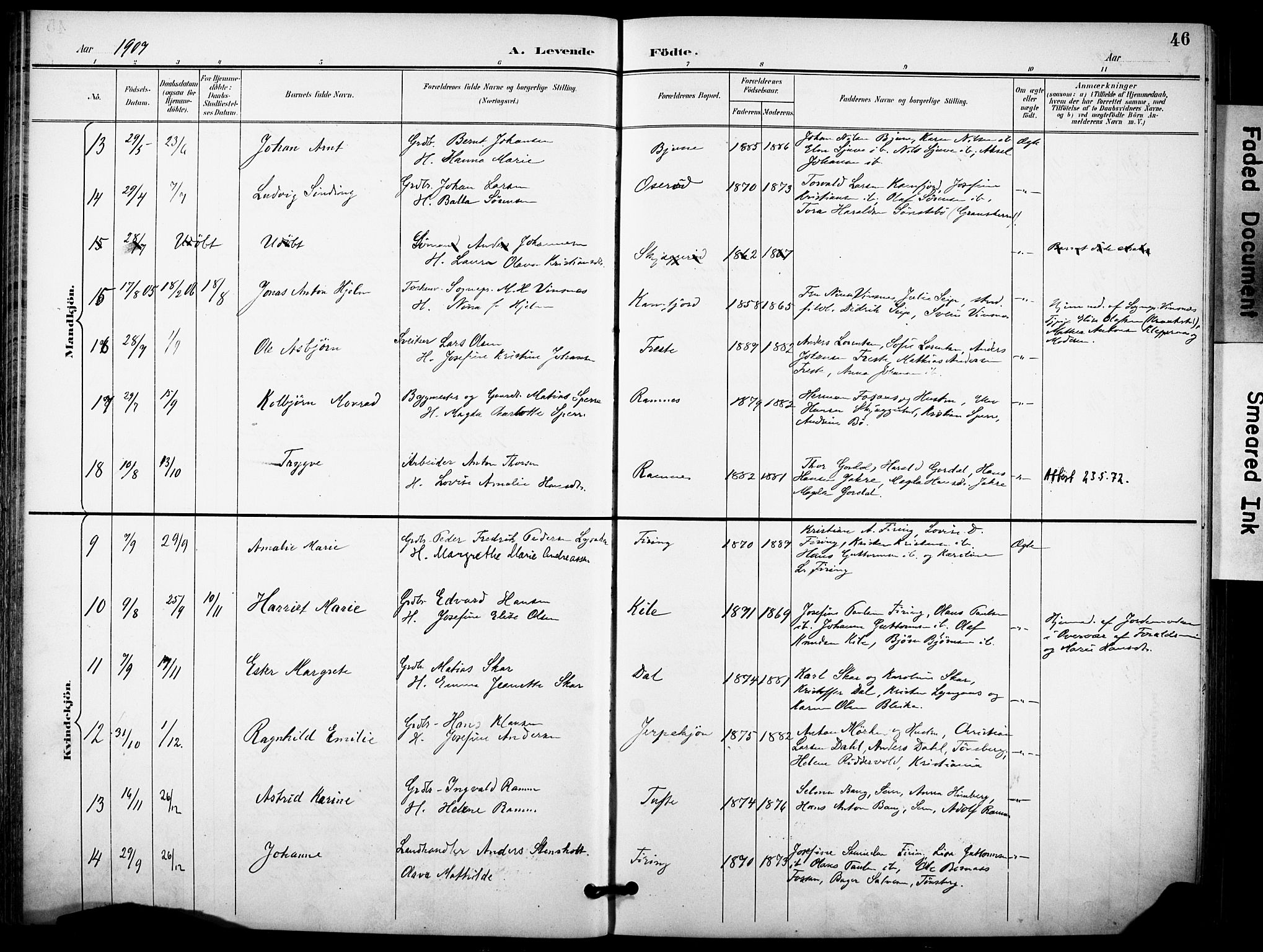 Ramnes kirkebøker, AV/SAKO-A-314/F/Fa/L0008: Parish register (official) no. I 8, 1896-1913, p. 46