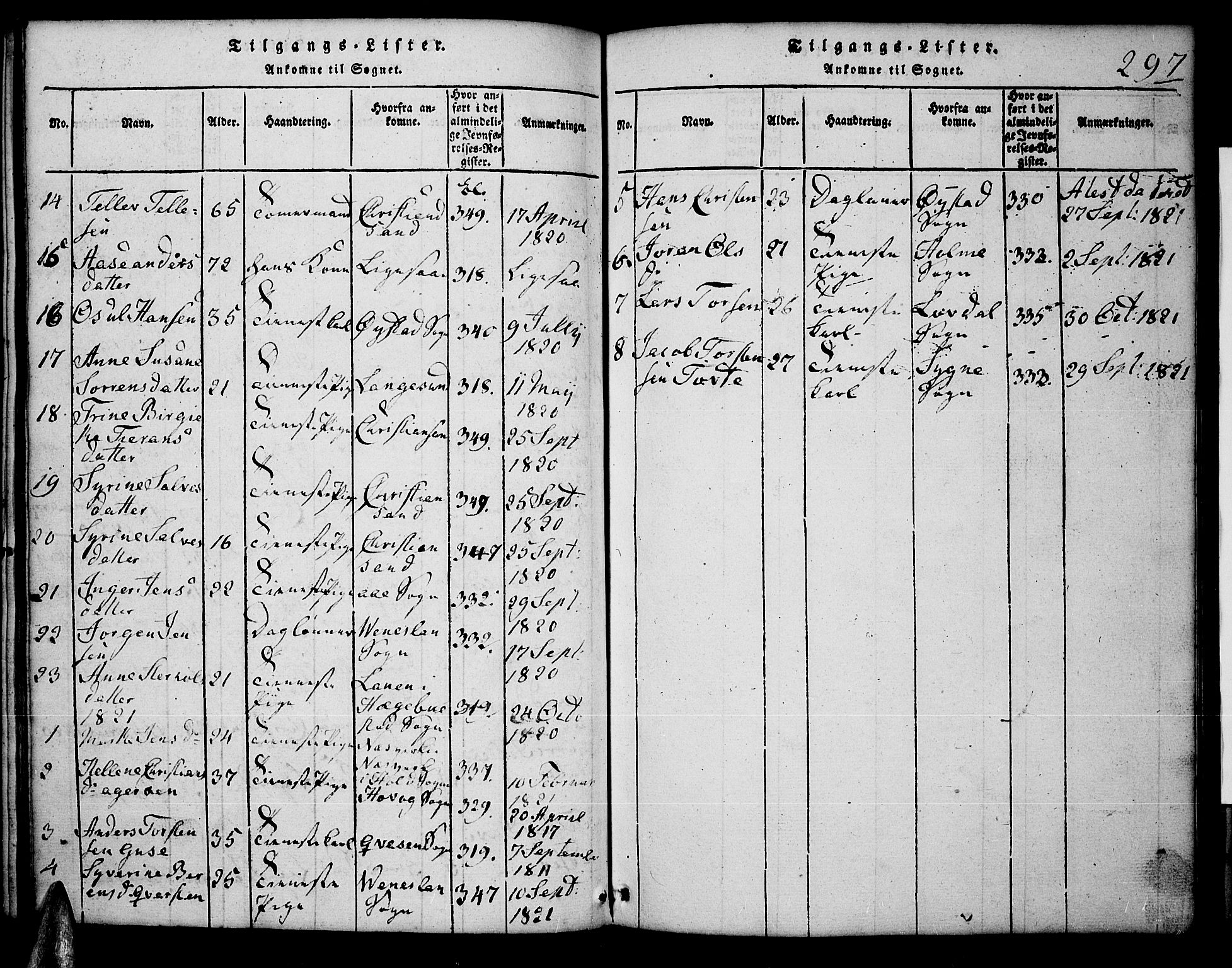 Tveit sokneprestkontor, AV/SAK-1111-0043/F/Fb/L0001: Parish register (copy) no. B 1, 1820-1834, p. 297