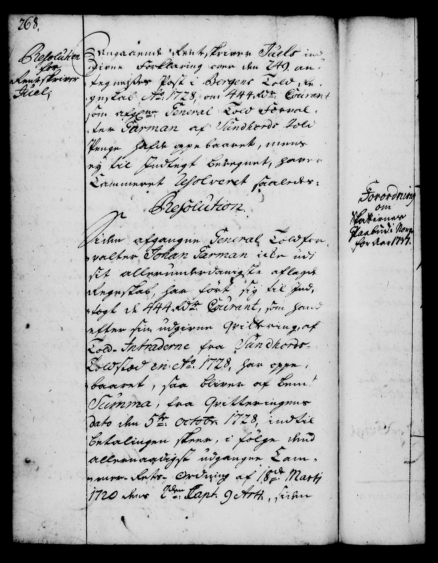 Rentekammeret, Kammerkanselliet, RA/EA-3111/G/Gg/Gga/L0004: Norsk ekspedisjonsprotokoll med register (merket RK 53.4), 1734-1741, p. 268