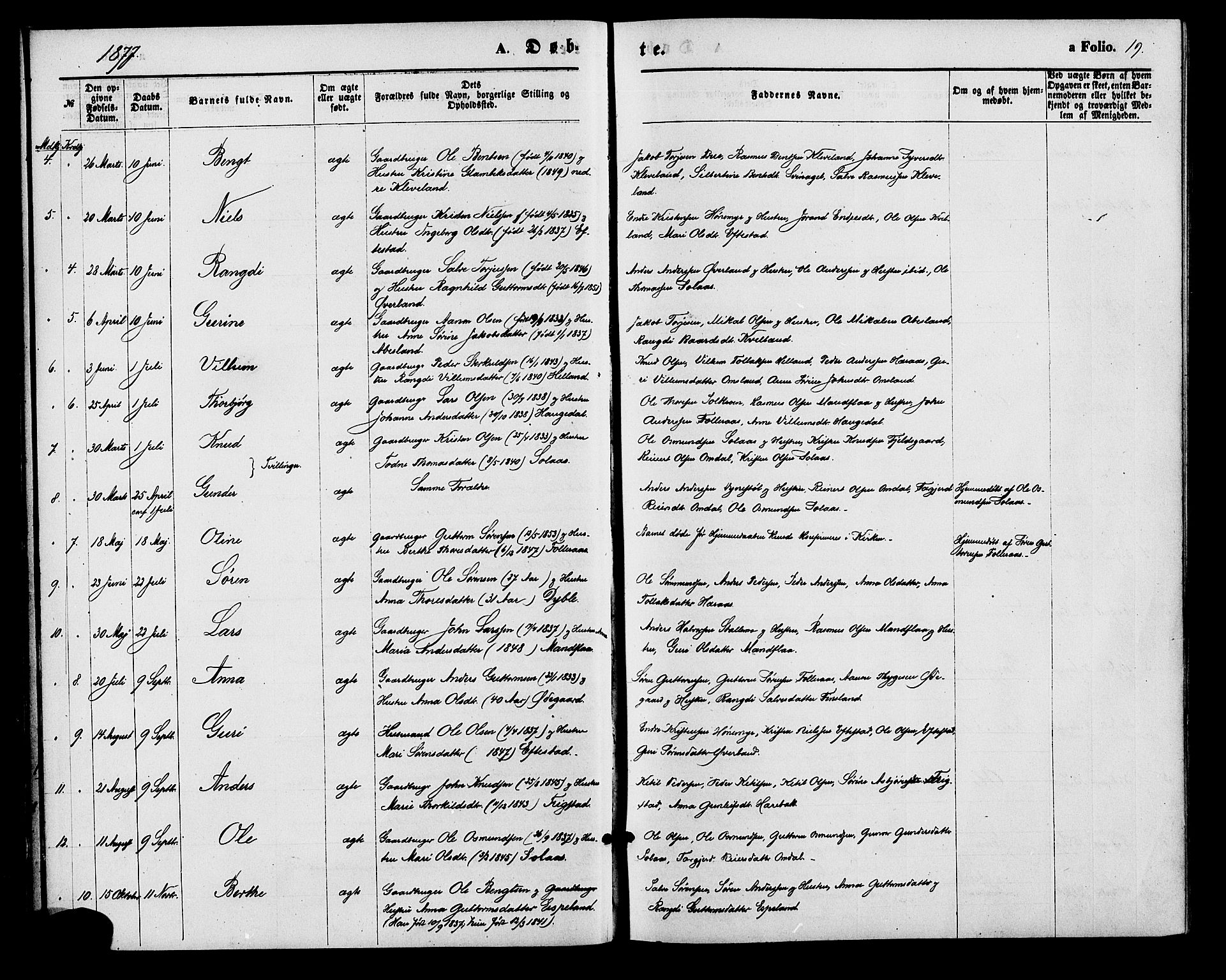 Bjelland sokneprestkontor, SAK/1111-0005/F/Fa/Fab/L0003: Parish register (official) no. A 3, 1870-1887, p. 19